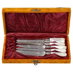 Set of Six English Victorian 19th Century Mother of Pearl & Silver Plate Knives