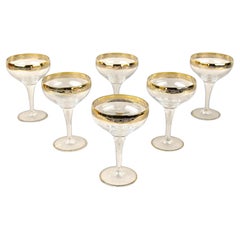 Set Of Six Engraved Murano Champagne Coupe Glasses With Gold Rim, IT ca. 1940