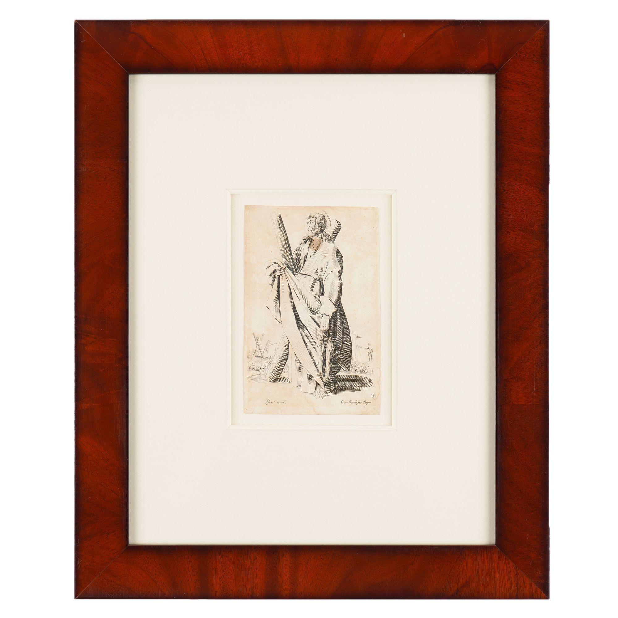 Set of six biblical prints from master French engraver, Jacques Callot, from his works of the Saints and Apostles. The works are float mounted with a deep beveled archival mat and framed in mahogany cross banded moldings under UV filtering