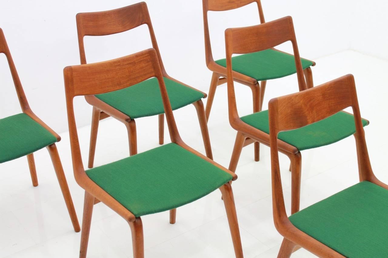 Mid-20th Century Set of Six Erik Christensen Boomerang Chairs in Teak Wood, Denmark, 1950s