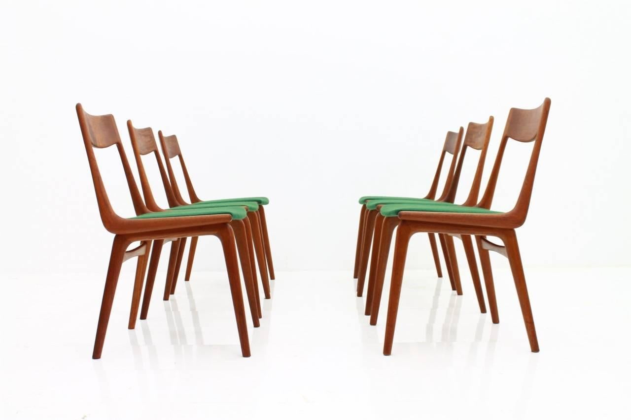 Fabric Set of Six Erik Christensen Boomerang Chairs in Teak Wood, Denmark, 1950s