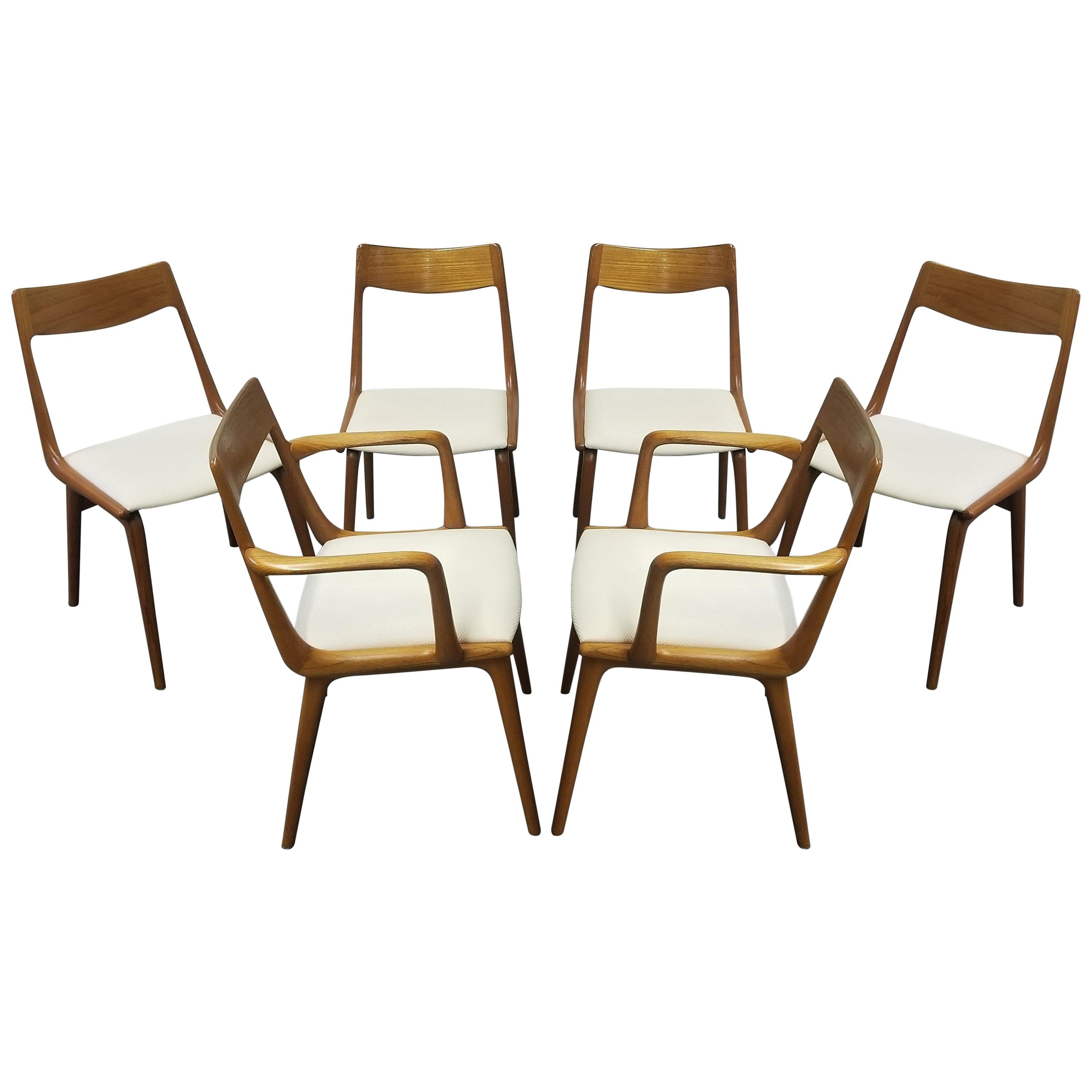 Ensemble de six chaises de salle à manger en teck Boomerang d'Erik Christiansen en vente