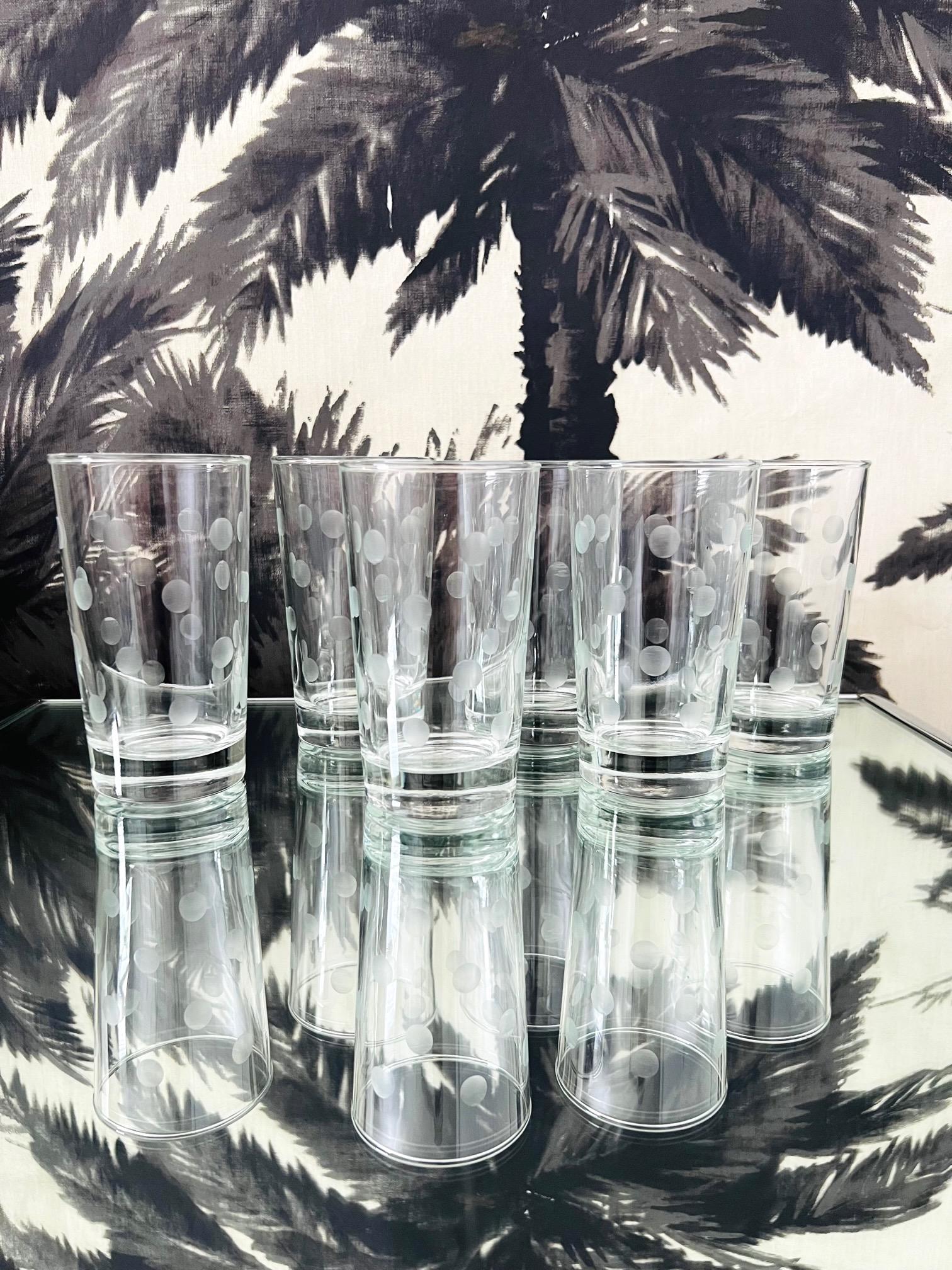 Mid-Century Modern handcrafted barware glasses with etched polka dot design. The vintage glassware set holds 8 ounces of your favorite cocktail or can be used as juice or water glasses. Makes a chic addition to any barware collection or tableware