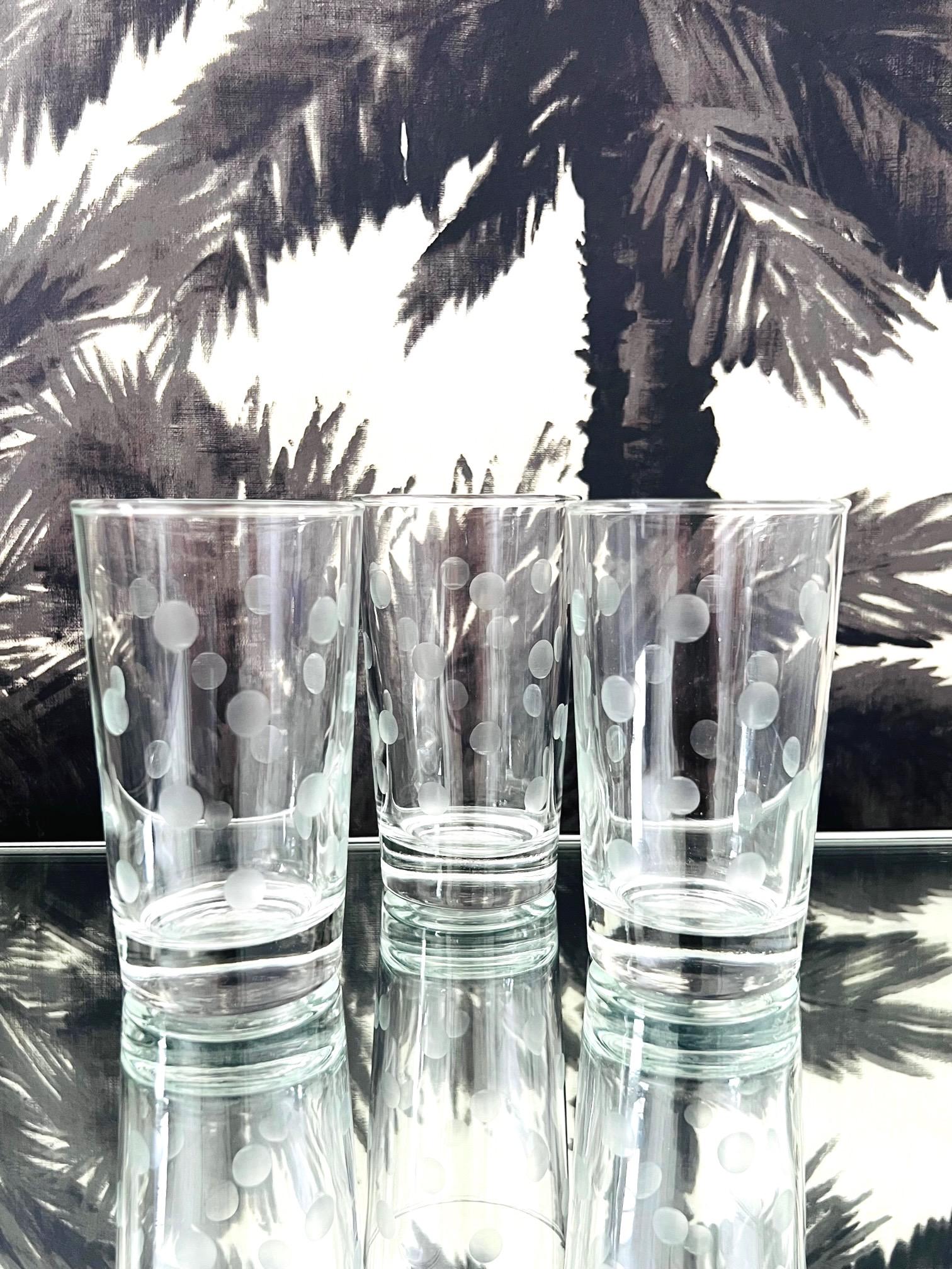Mid-Century Modern 1970s Etched Polka Dot Barware or Juice Glasses, Set of Six For Sale
