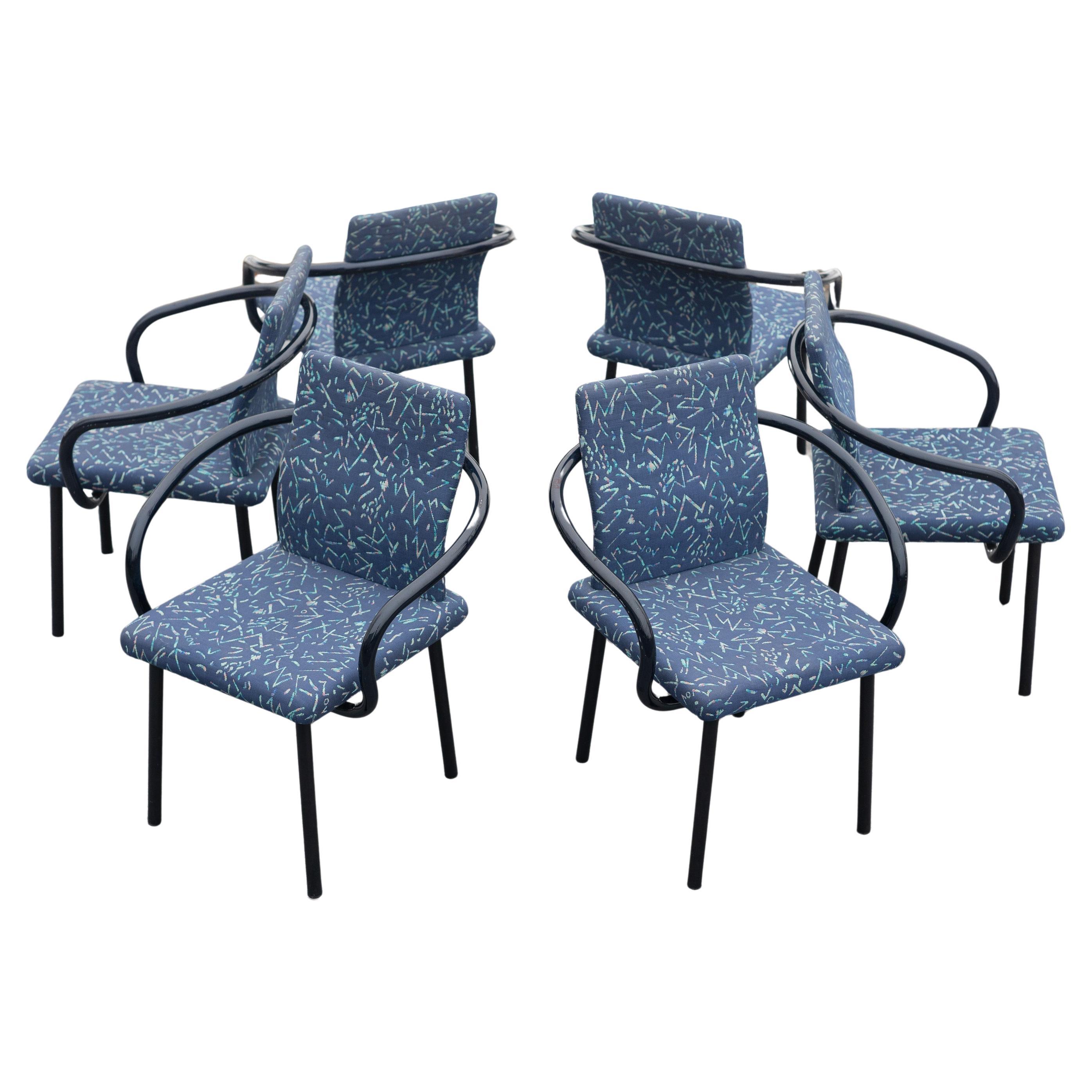 Set of Six Ettore Sottsass for Knoll 'Mandarin' Dining Chairs in Memphis & Navy For Sale