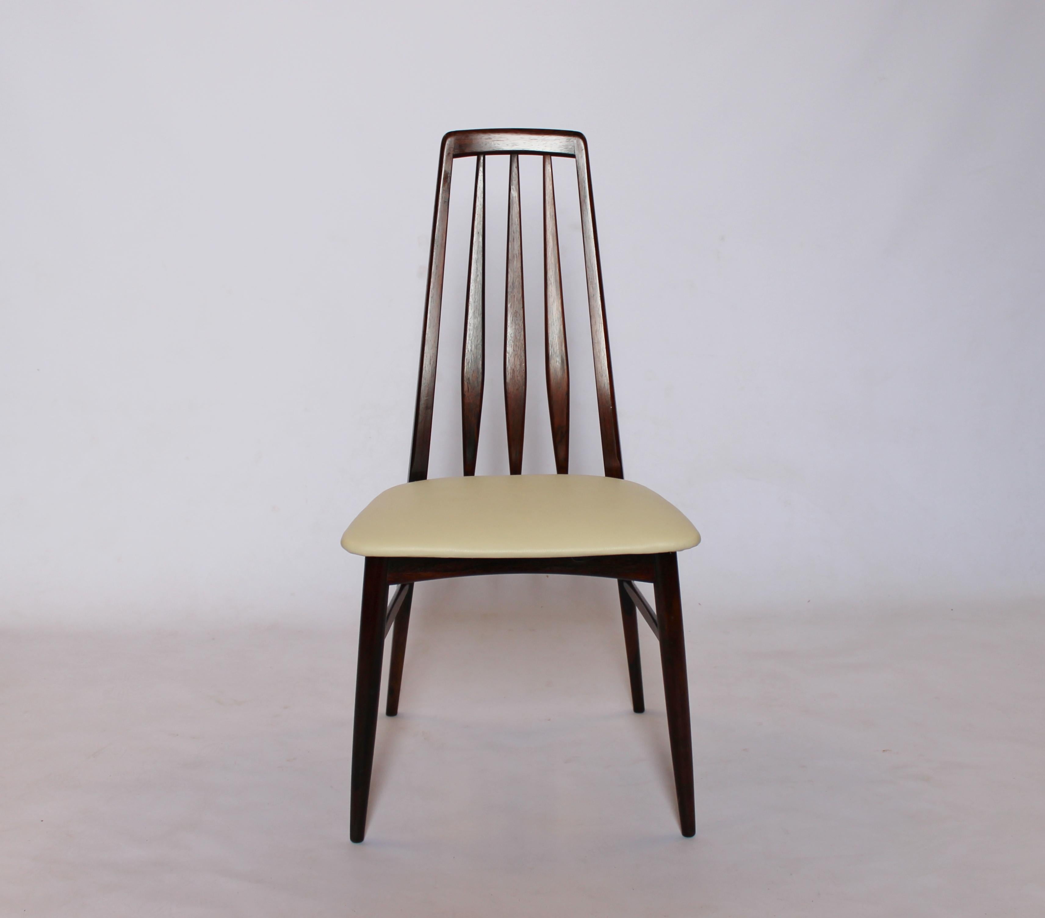 Set of six Eva dining chairs in rosewood and white leather seats designed by Niels Koefoed and manufactured Koefoed Furniture factory, Hornslet in the 1960s. The chairs are in great vintage condition.