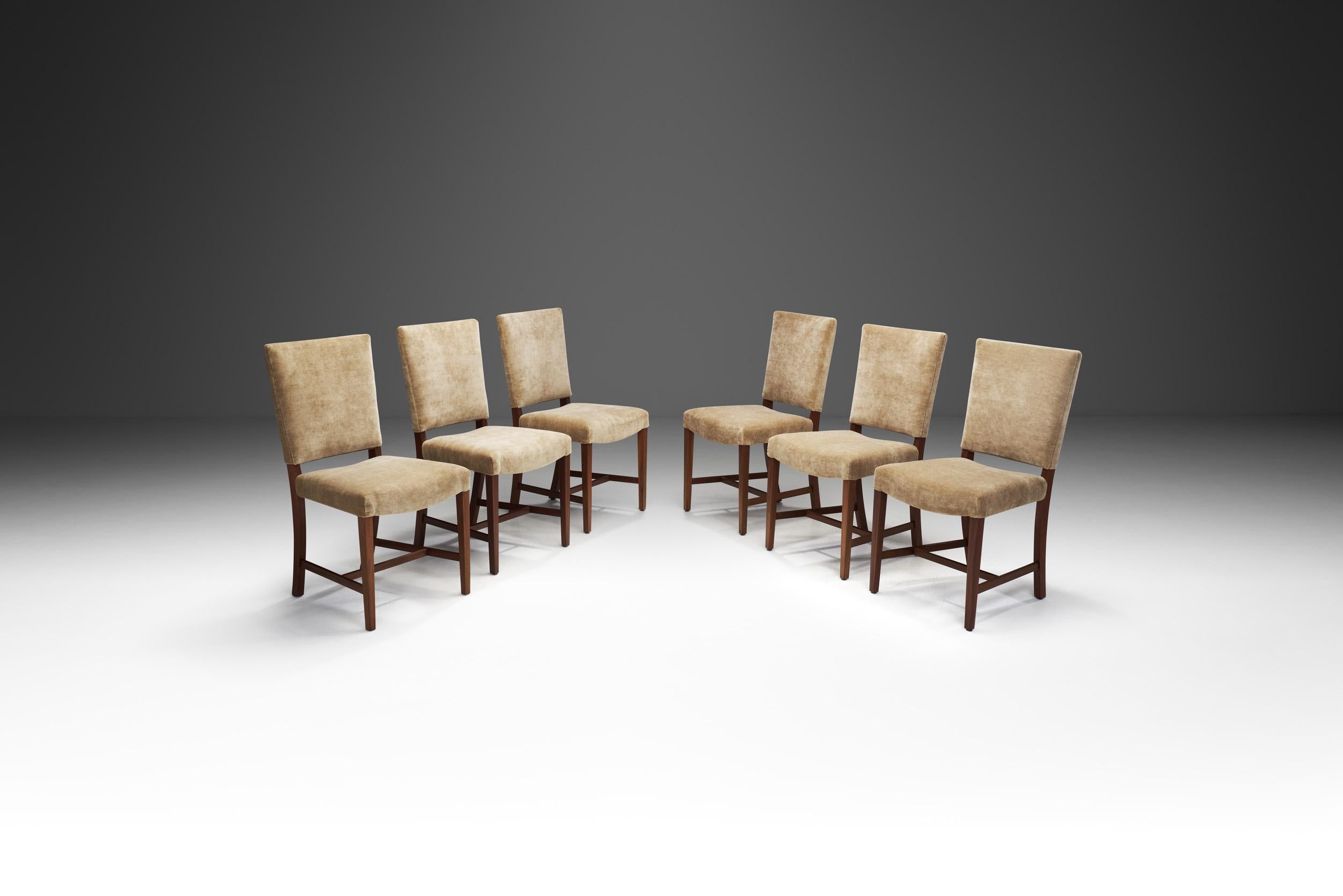 ‎This set of six dining chairs are attributed to the Danish designer and master cabinetmaker, Jacob Kjær. He was a true “snedkermester”, a title given to the most excellent furniture makers. The chairs hail from the old Amtsgaard (county court) of