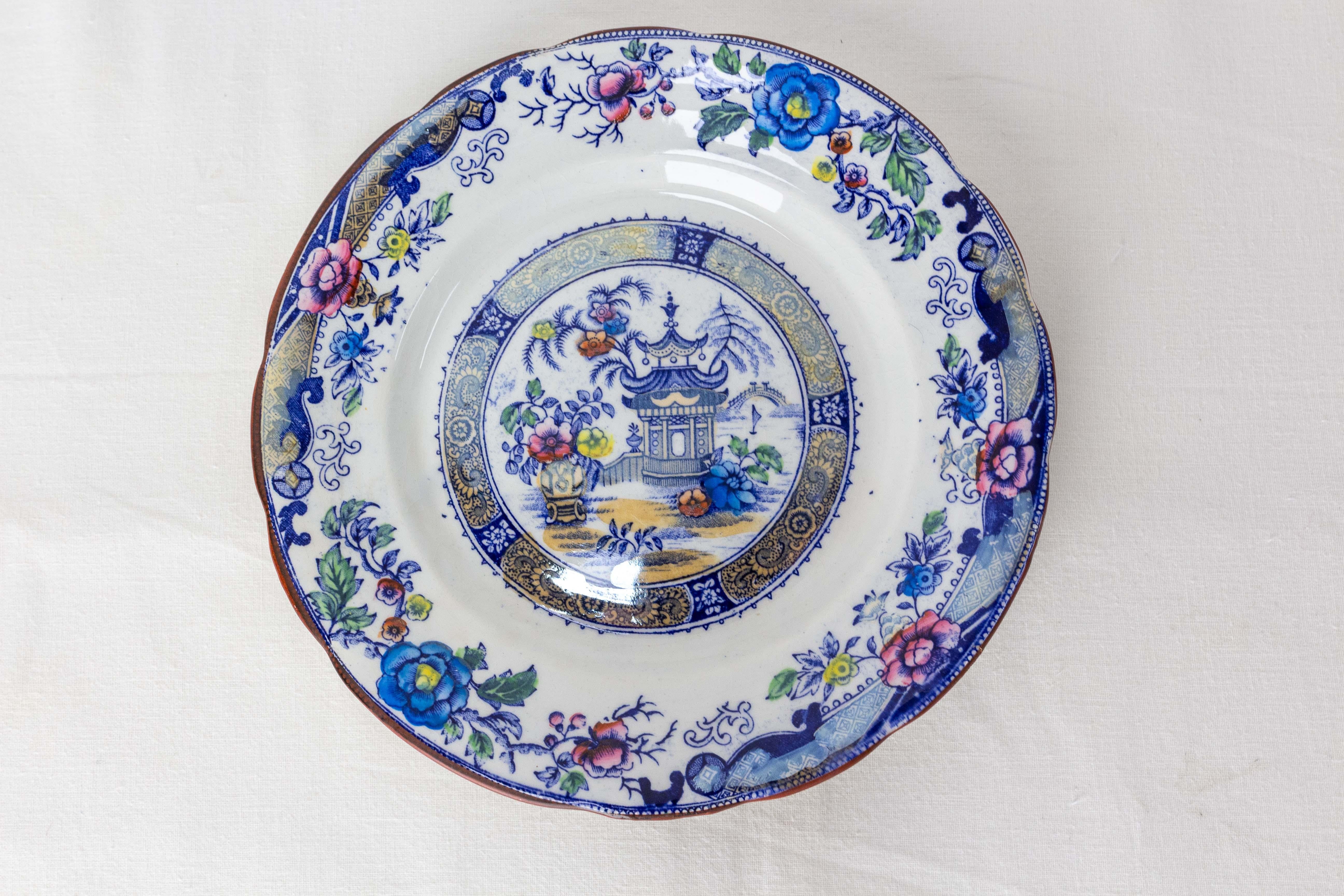 Chinoiserie Set of Six Faience Plates Chinese Style, Bordeaux France, Late 19th Century For Sale