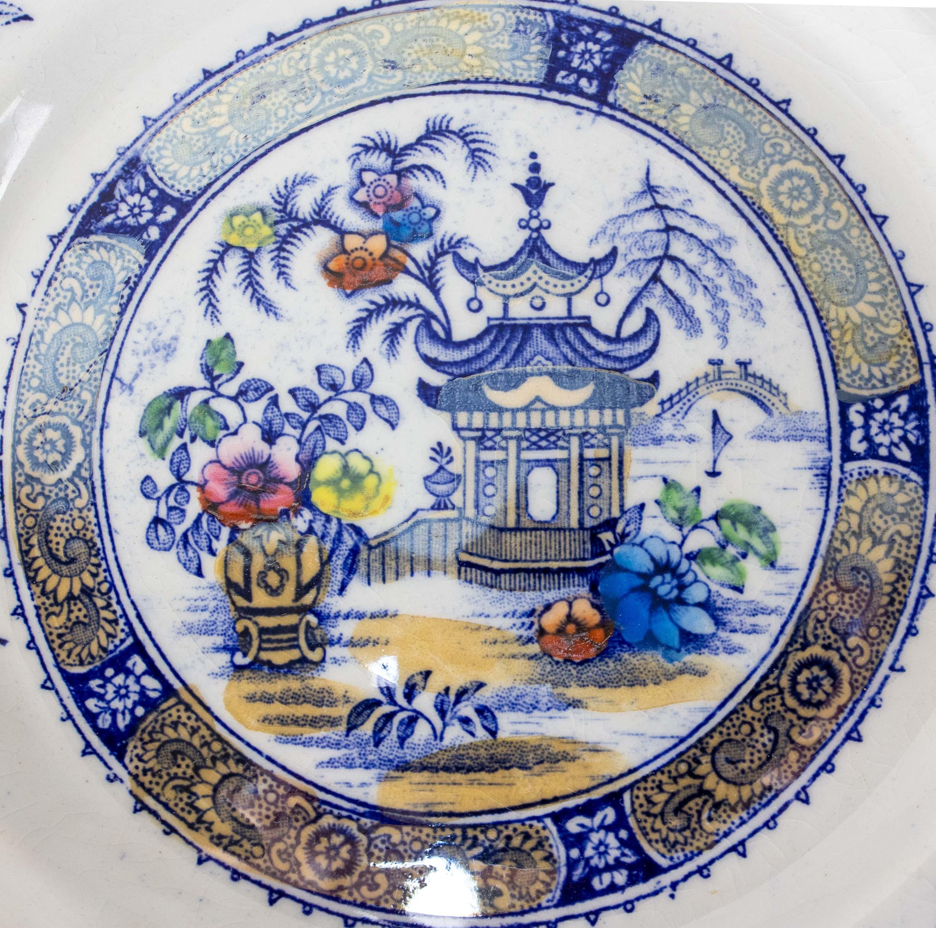French Set of Six Faience Plates Chinese Style, Bordeaux France, Late 19th Century For Sale