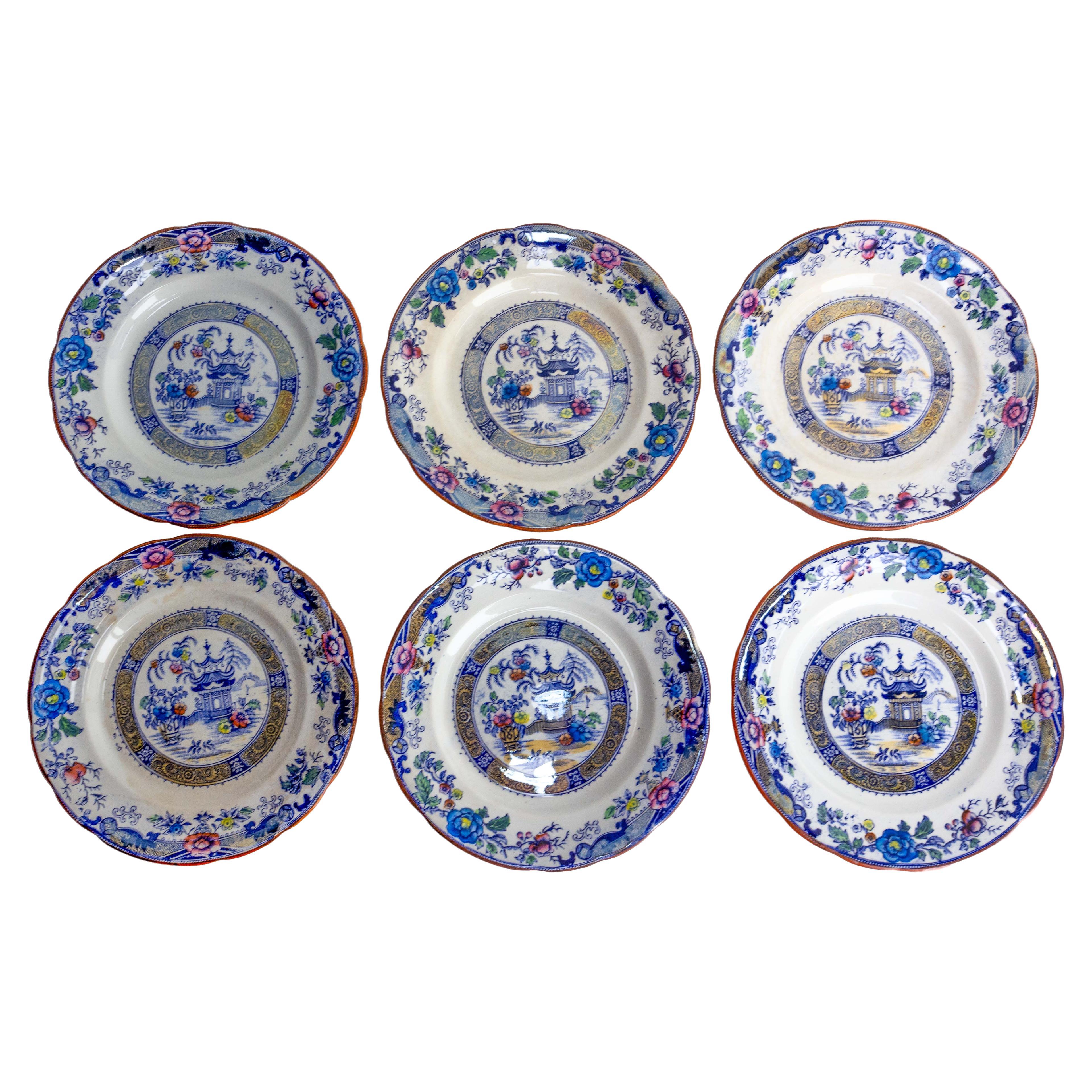Set of Six Faience Plates Chinese Style, Bordeaux France, Late 19th Century