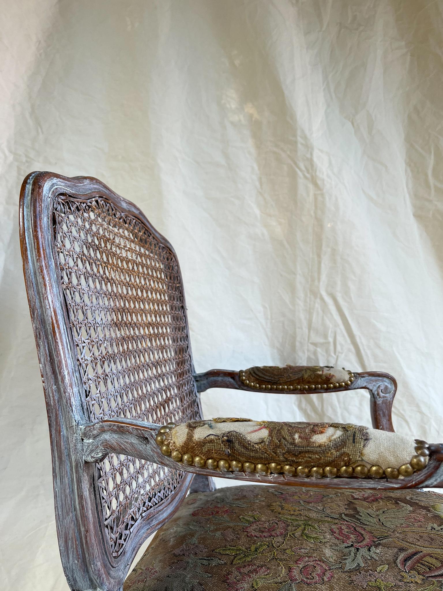 French Set of six fauteuils in straw and tapestry. France 19th century For Sale