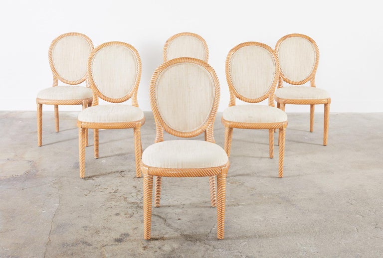 Hollywood Regency Set of Six Faux Rope Cerused Dining Chairs by Casa Stradivari For Sale