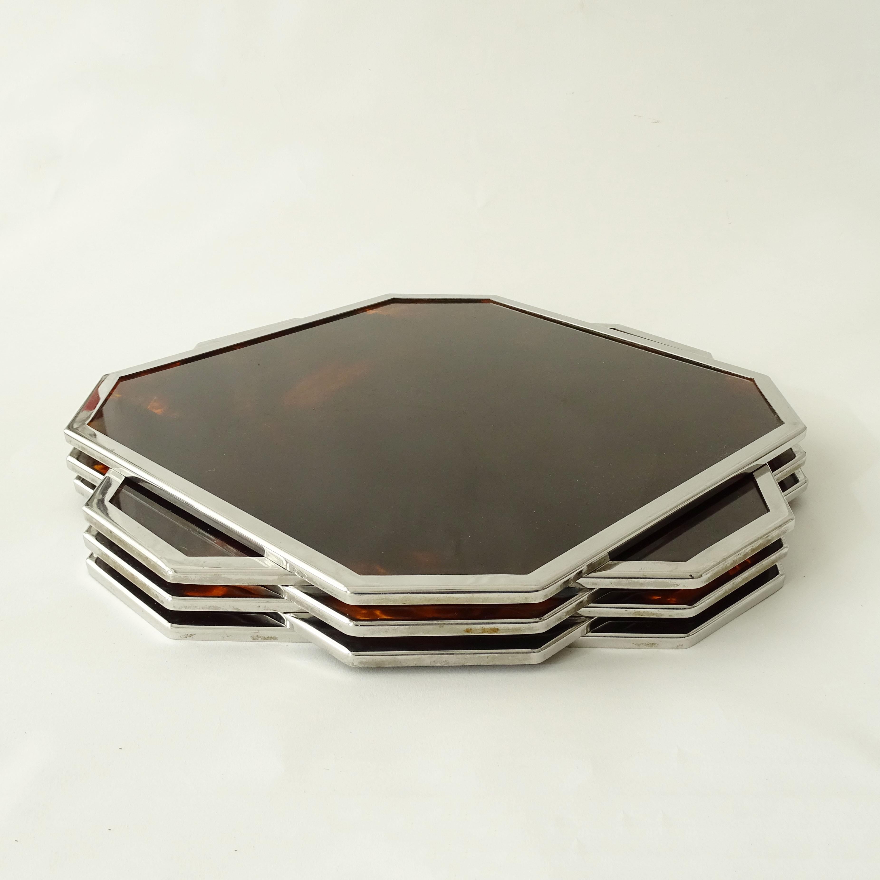 Italian Set of six faux tortoise lucite and chrome placemats, Italy 1970s