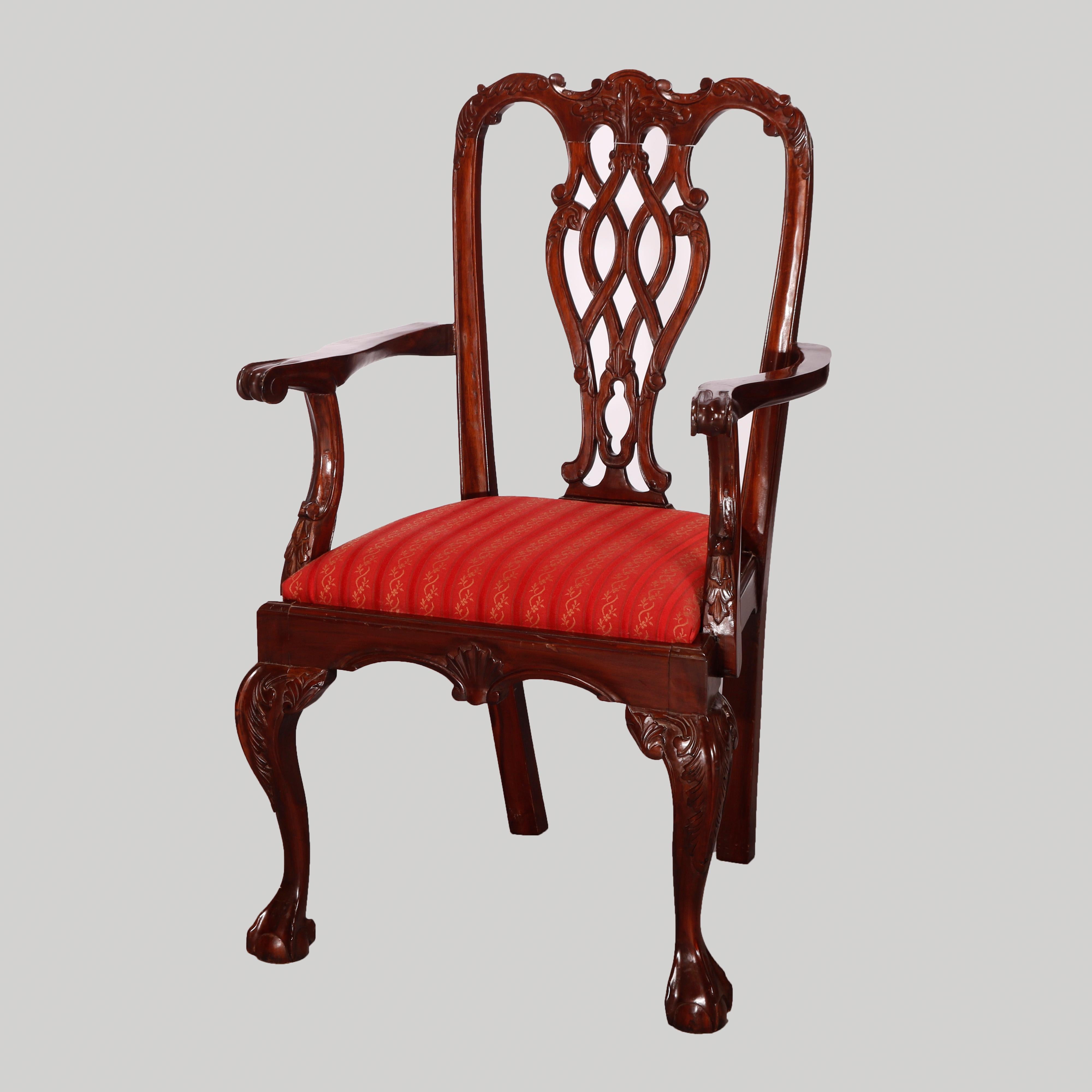Chippendale Set of Six Federal Style Carved Mahogany Ribbon Back Dining Chairs 20th C