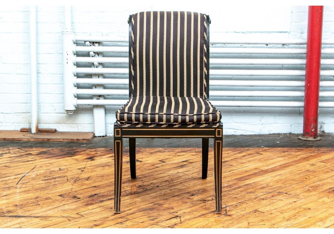 Set of Six Fine Neoclassical Style Ebonized Gilt Upholstered Dining Chairs 6
