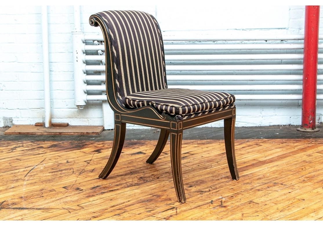 Set of Six Fine Neoclassical Style Ebonized Gilt Upholstered Dining Chairs 8