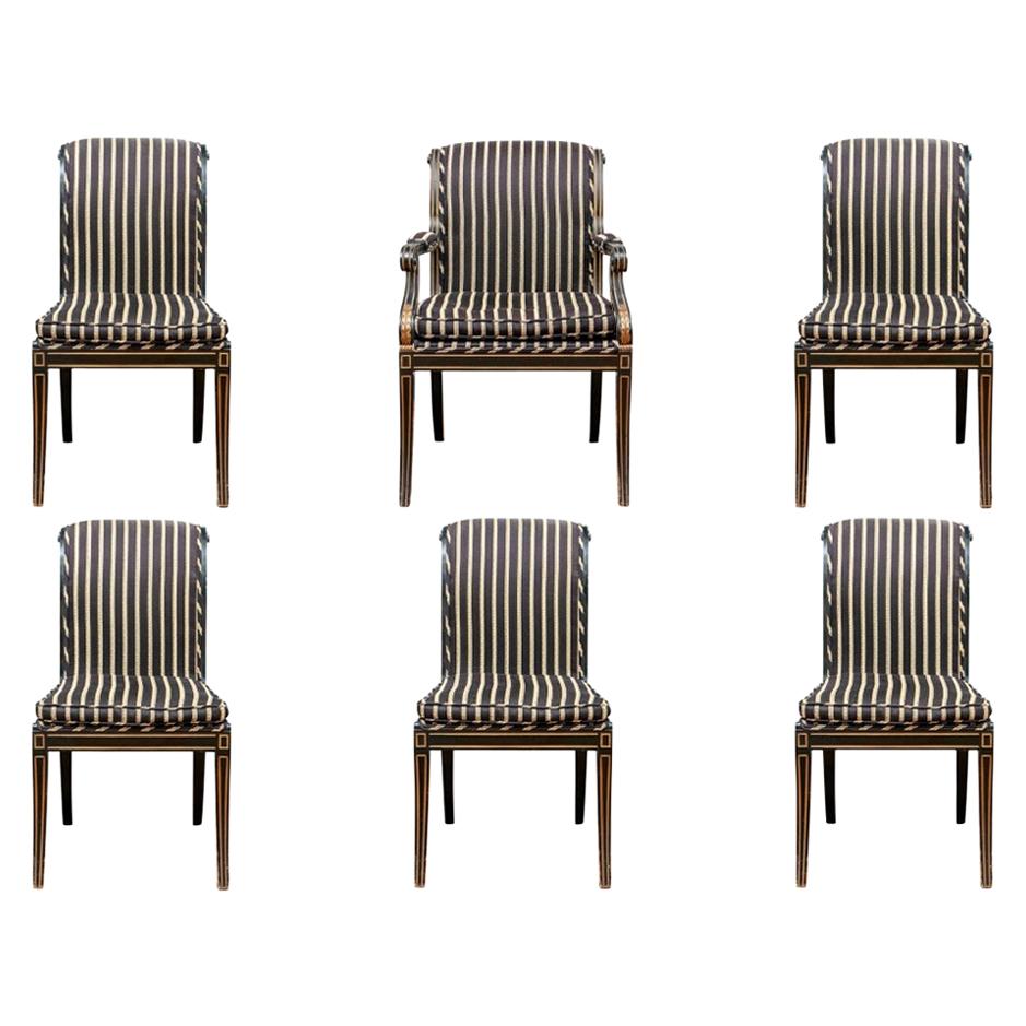 Set of Six Fine Neoclassical Style Ebonized Gilt Upholstered Dining Chairs