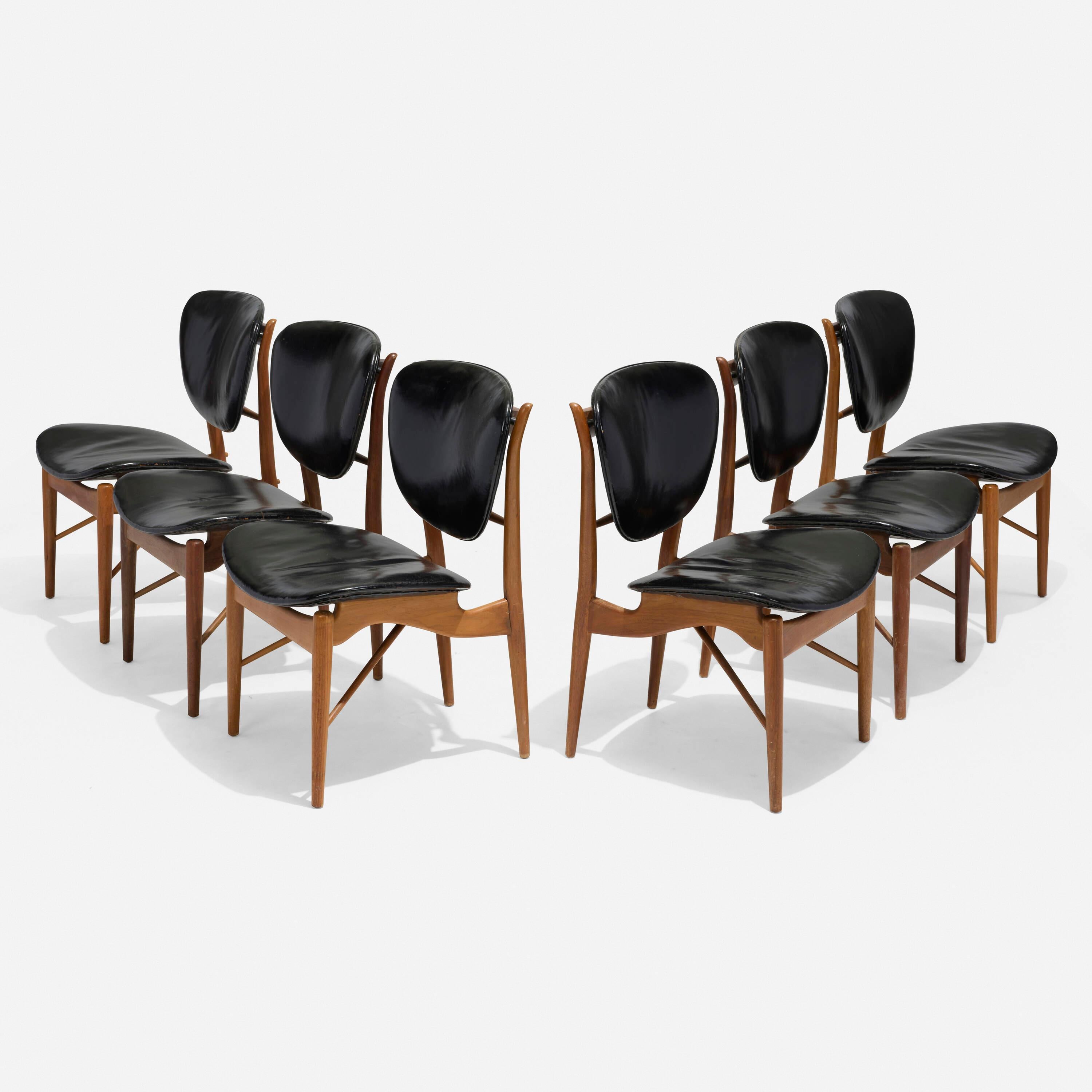 Set of six dining chairs by Finn Juhl, model 402 1/2. Baker Furniture, Denmark / USA, c. 1950, walnut and leather.
