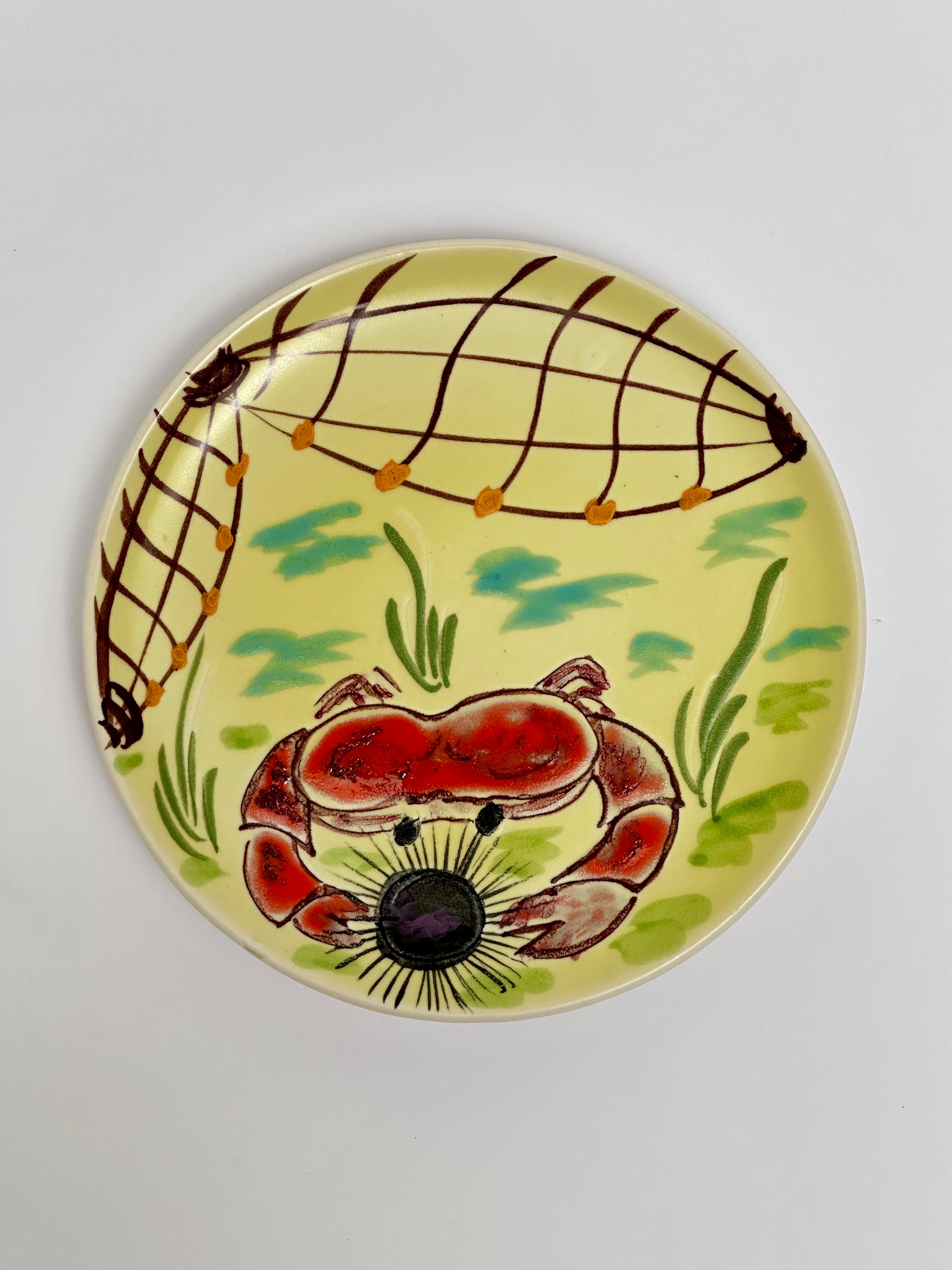 Juego de seis platos de pescado, Cerenne, Vallauris c. 1950 Moderno de mediados de siglo en venta