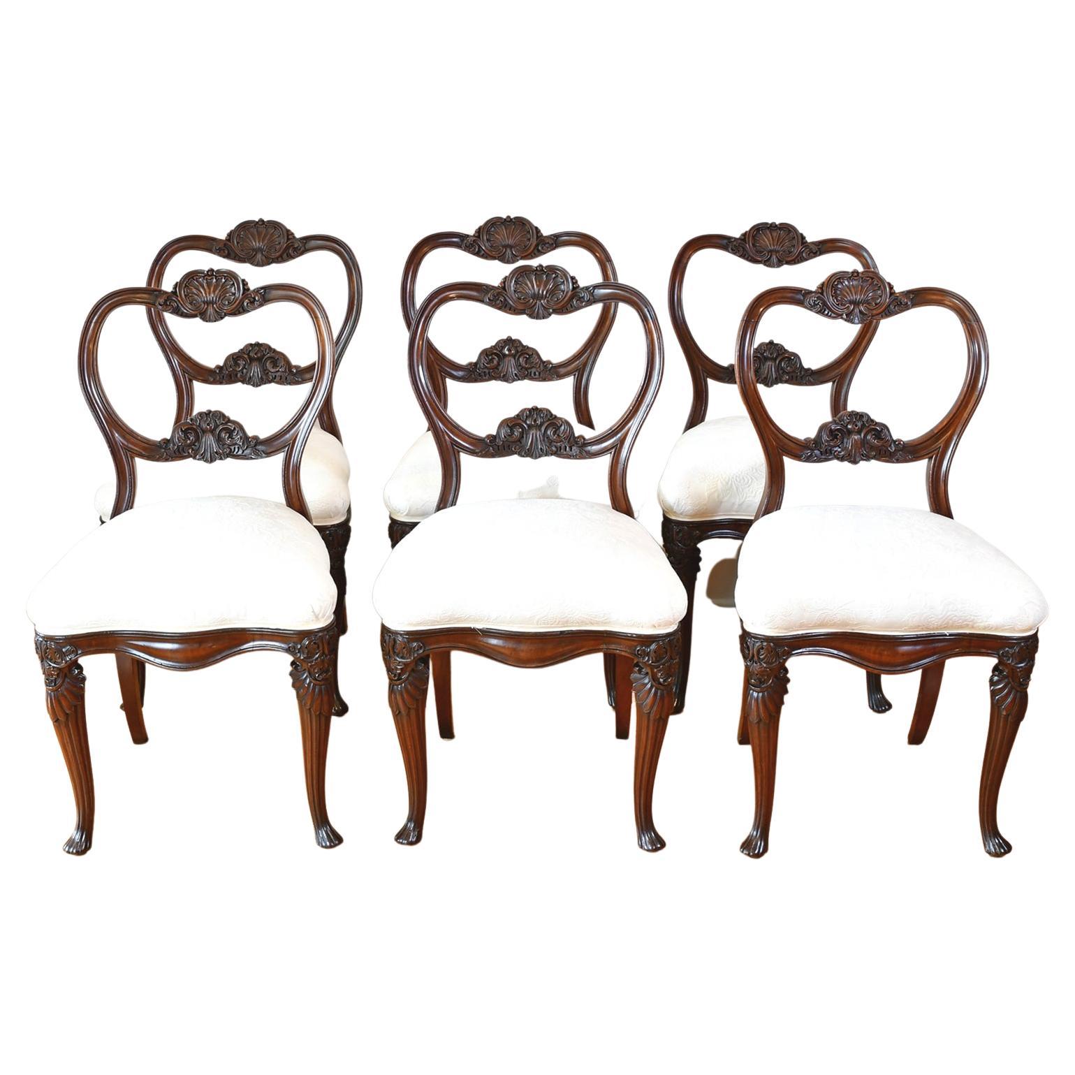 Set of Six Flemish Dining Chairs with Carved Balloon-Back and Upholstered Seat