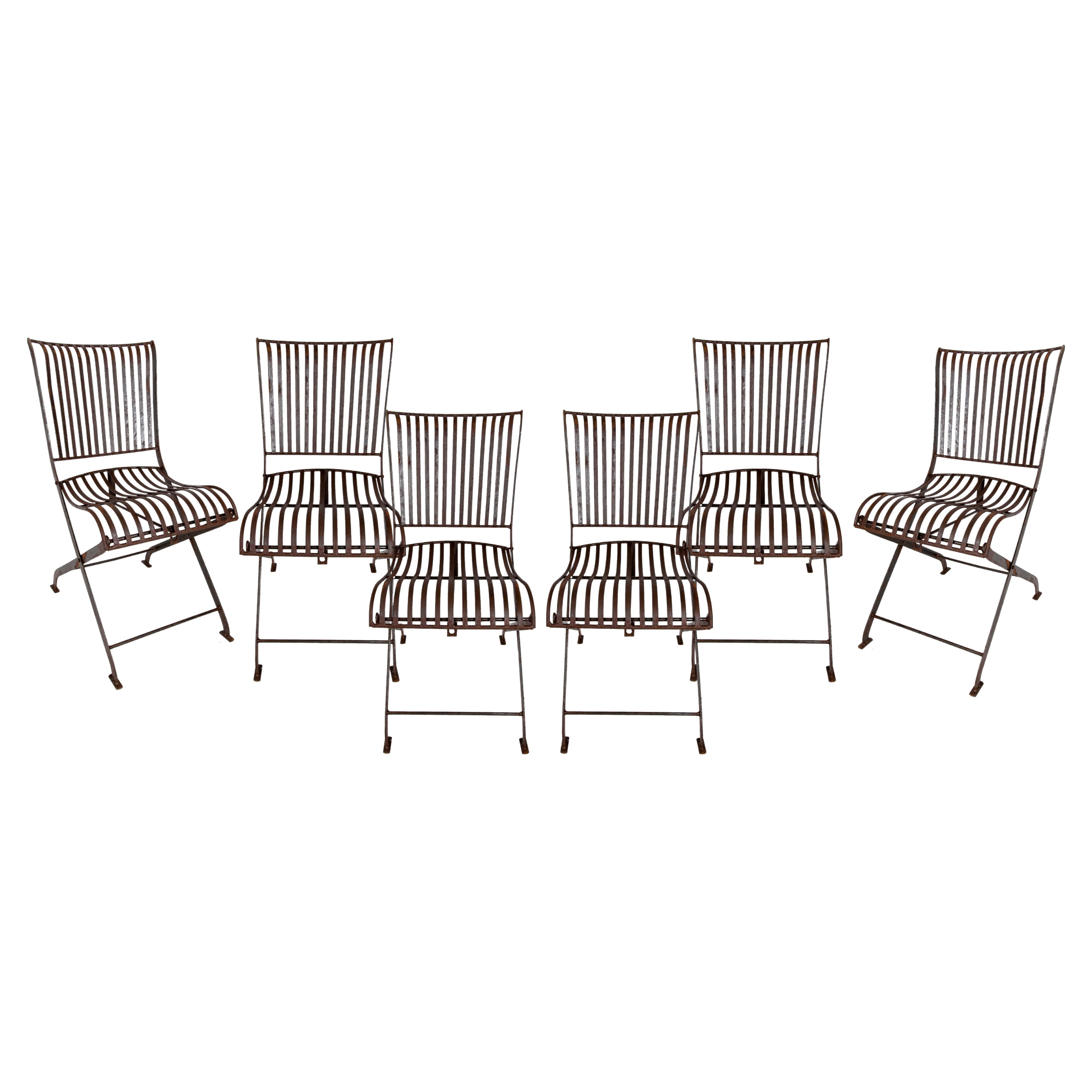 Set of Six Foldable Iron Garden Chairs For Sale