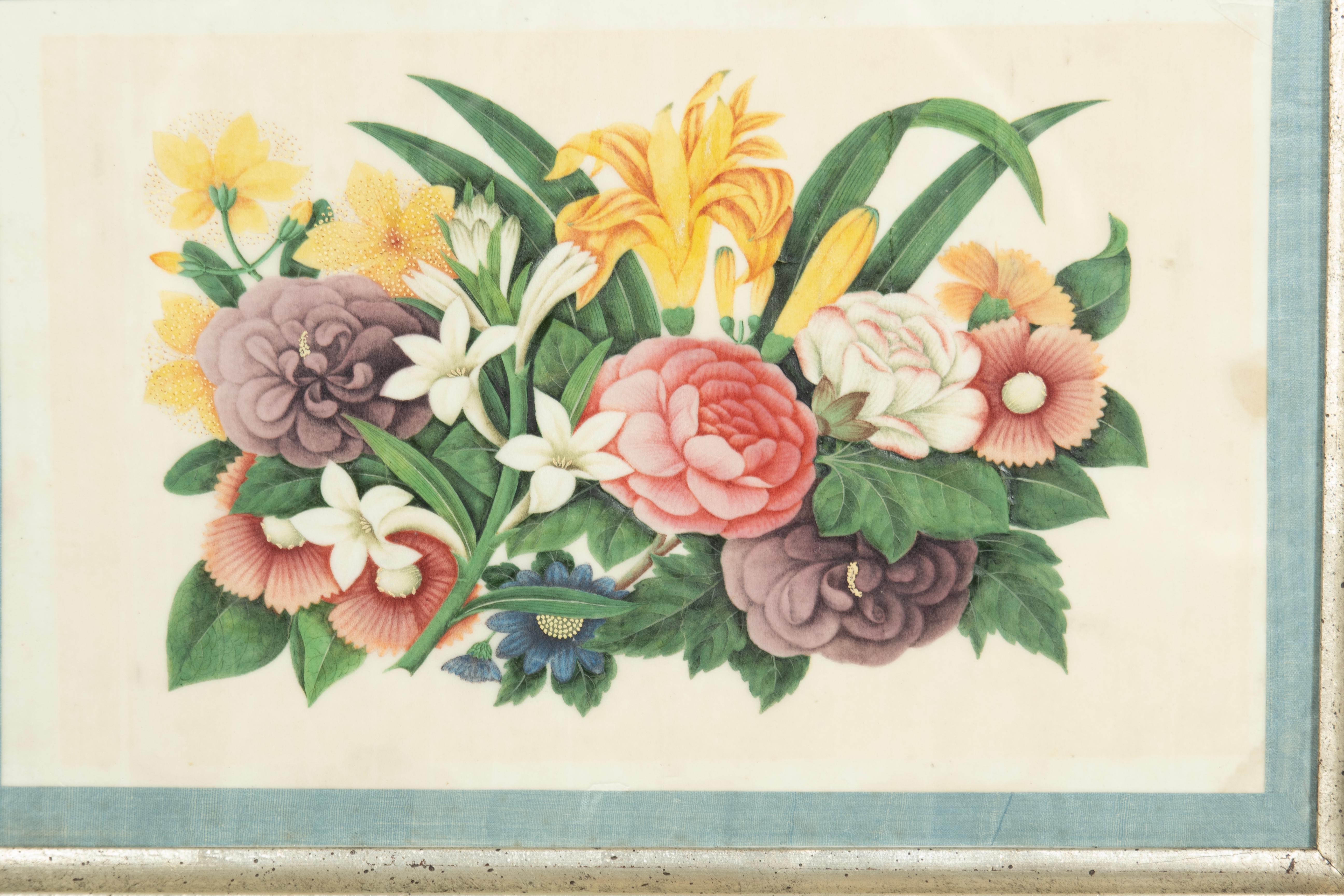 Set von sechs gerahmten chinesischen Export-Aquarellen mit Blumenmuster aus Kissenpapier im Angebot 5