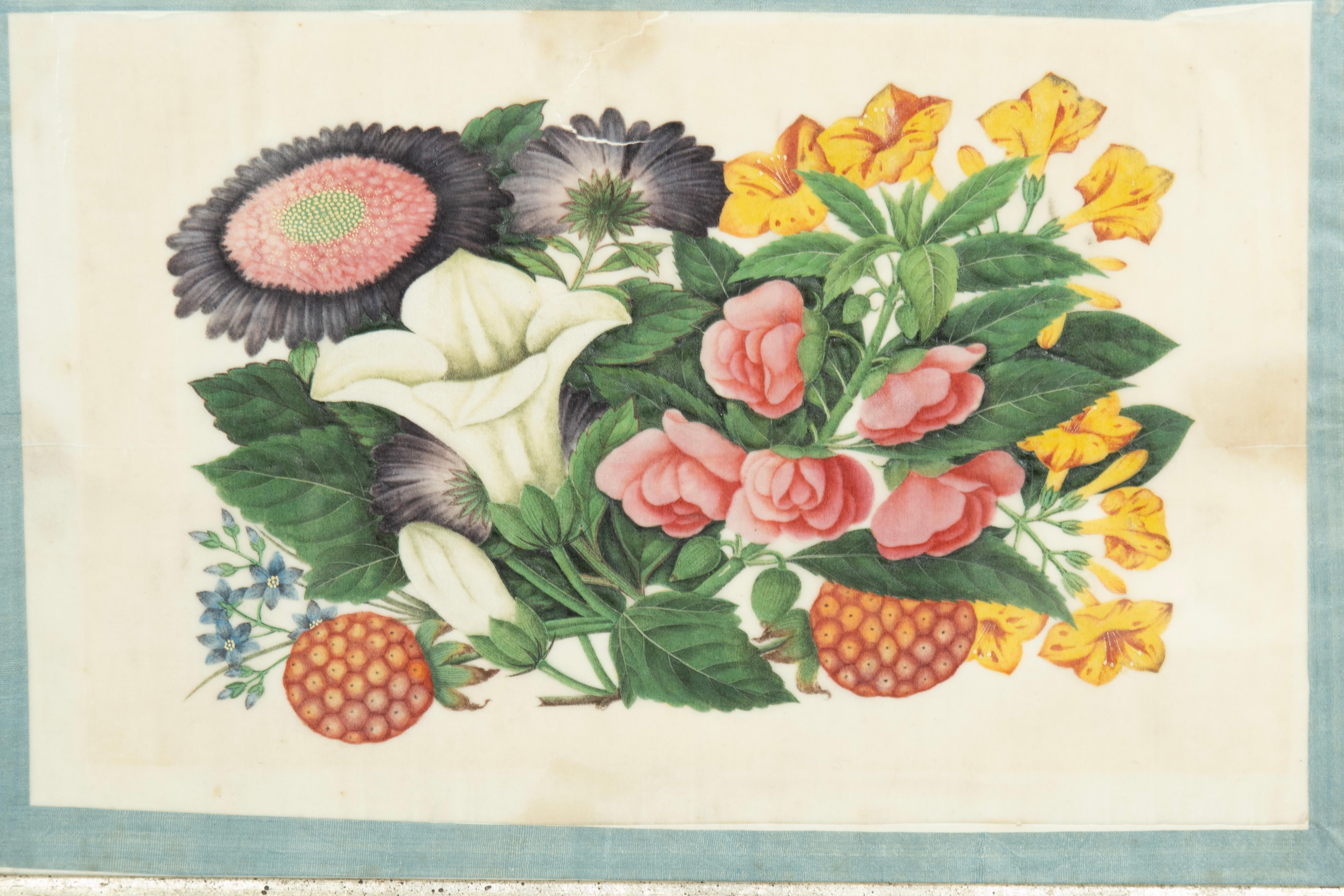 Set von sechs gerahmten chinesischen Export-Aquarellen mit Blumenmuster aus Kissenpapier im Angebot 10
