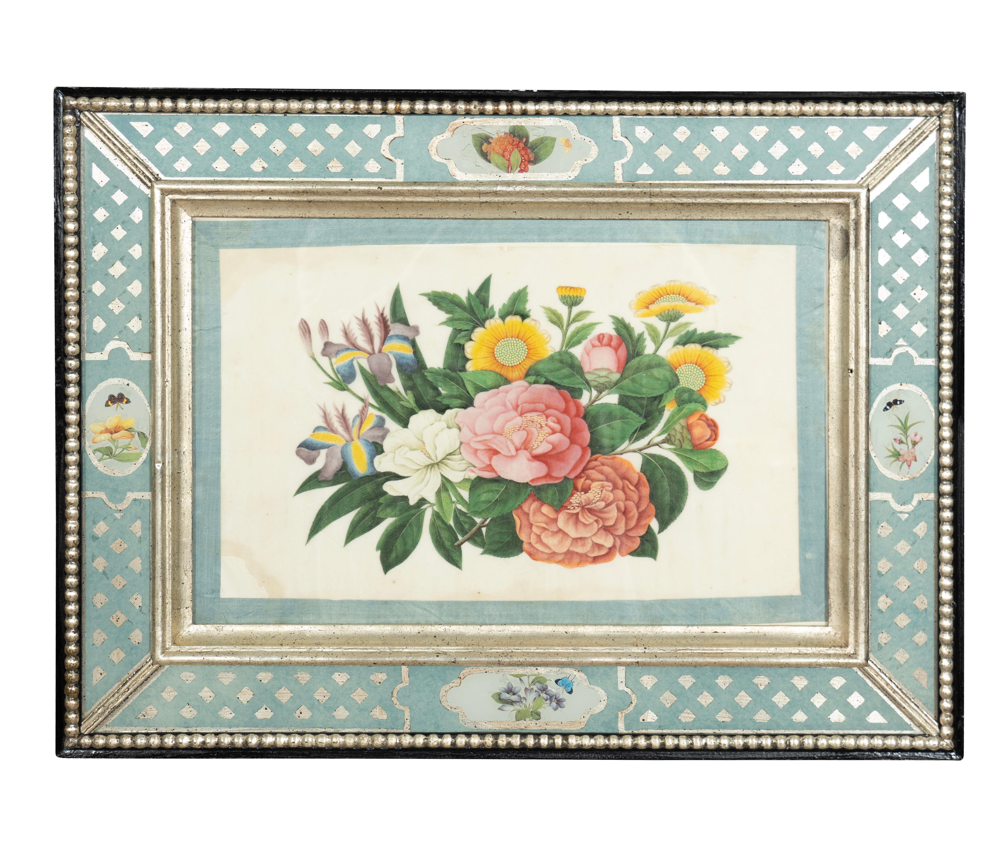 Set von sechs gerahmten chinesischen Export-Aquarellen mit Blumenmuster aus Kissenpapier (Handbemalt) im Angebot