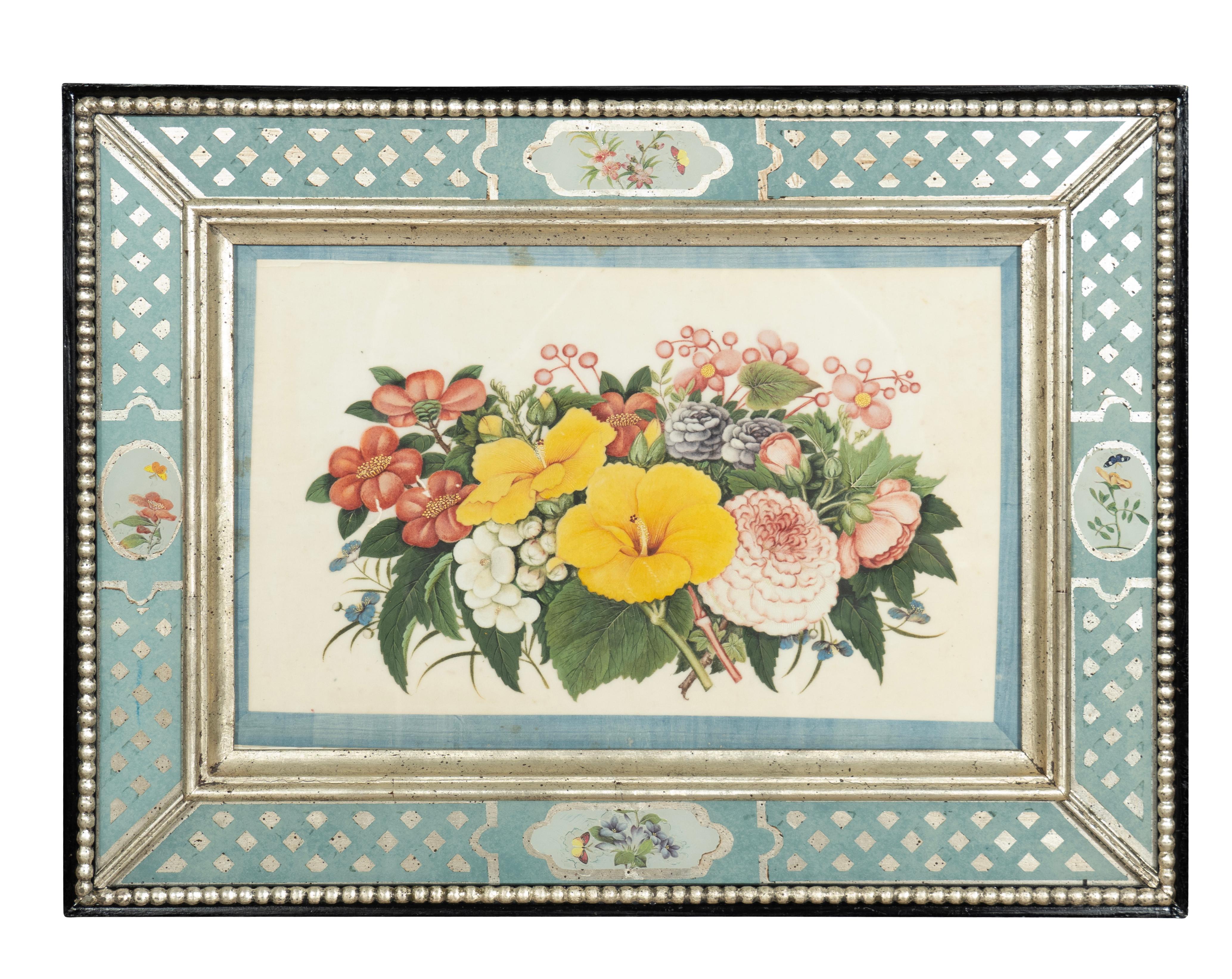 Set von sechs gerahmten chinesischen Export-Aquarellen mit Blumenmuster aus Kissenpapier im Zustand „Gut“ im Angebot in Essex, MA