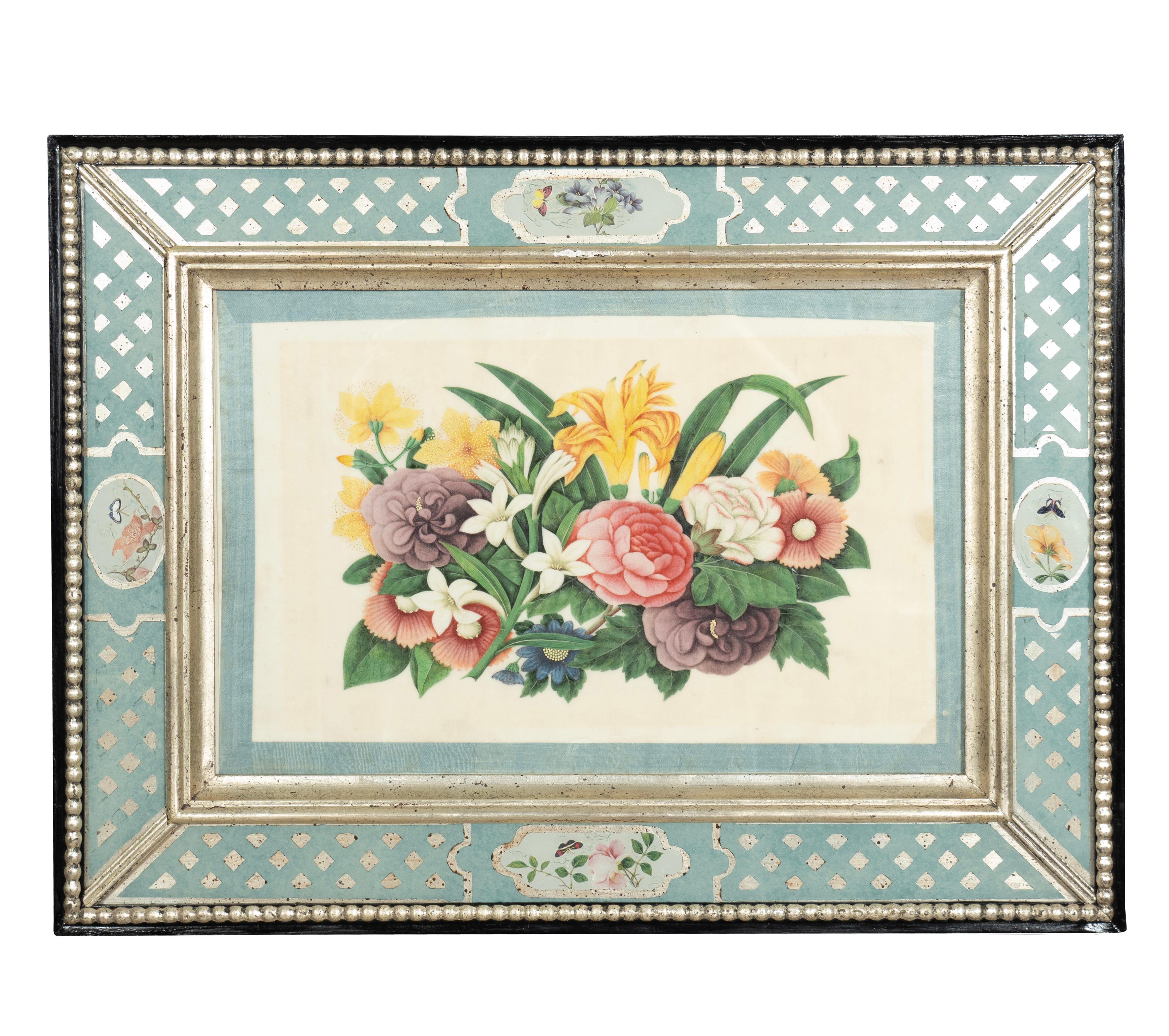 Set von sechs gerahmten chinesischen Export-Aquarellen mit Blumenmuster aus Kissenpapier (Mittleres 19. Jahrhundert) im Angebot