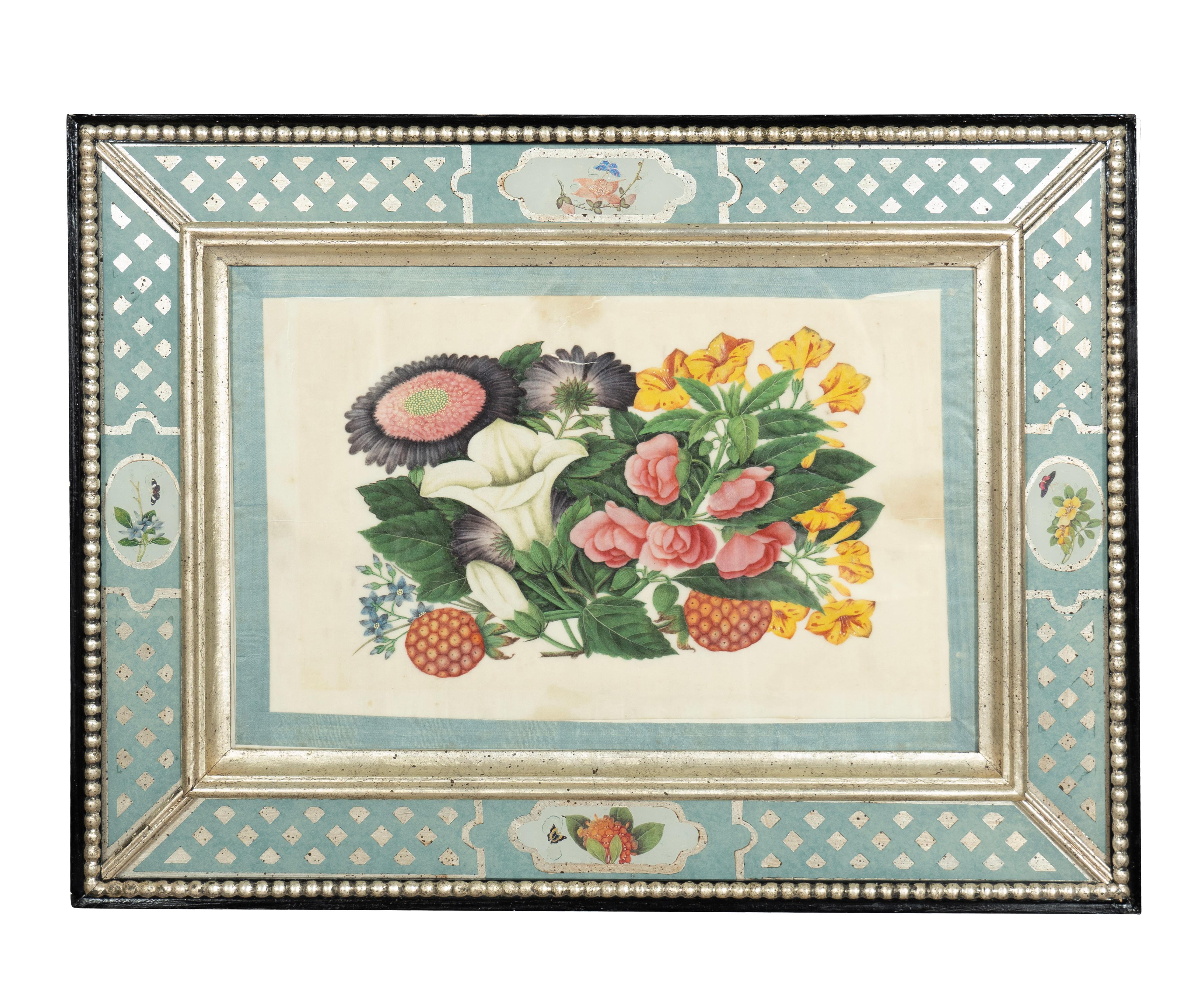 Set von sechs gerahmten chinesischen Export-Aquarellen mit Blumenmuster aus Kissenpapier (Glas) im Angebot