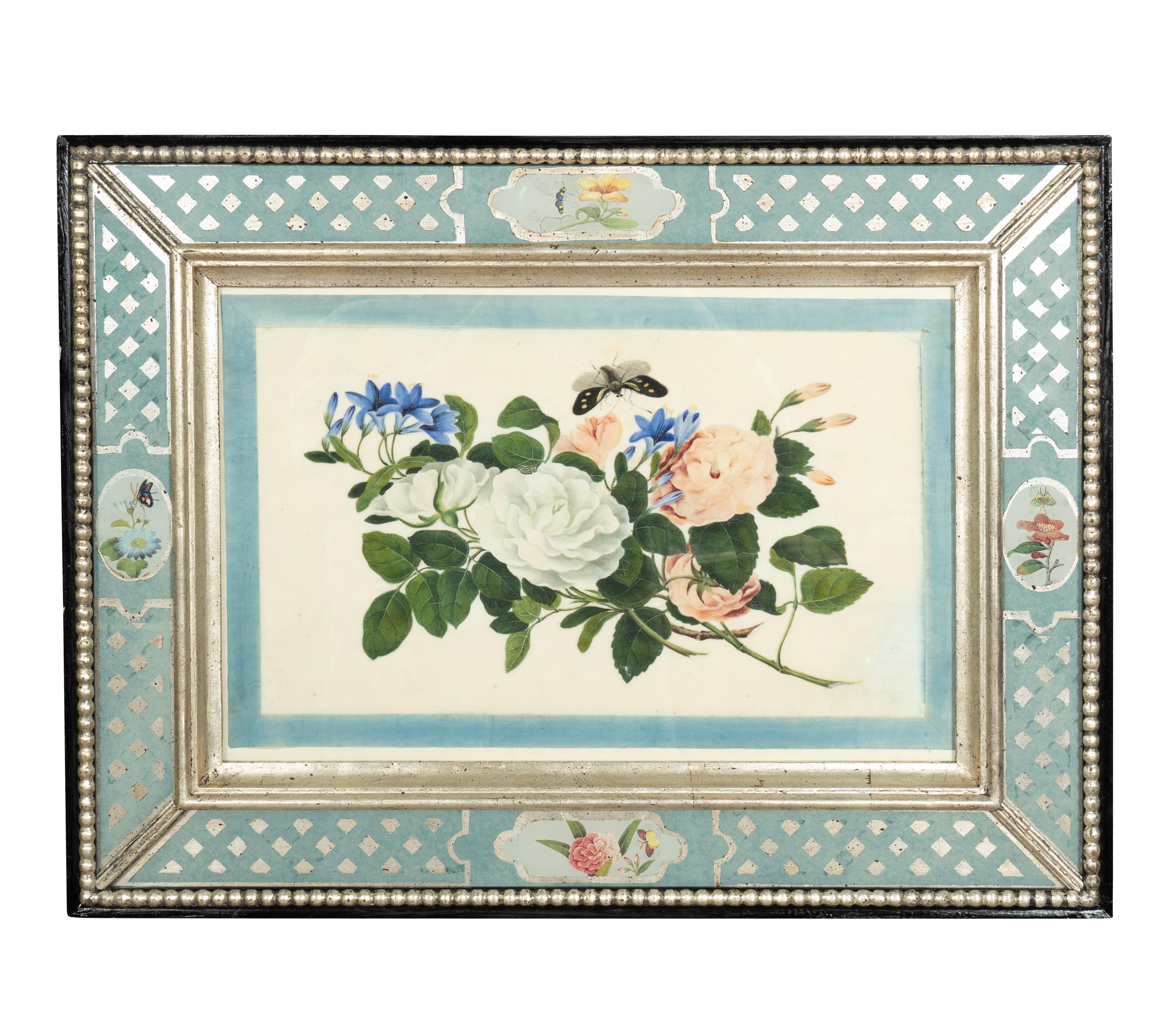 Set von sechs gerahmten chinesischen Export-Aquarellen mit Blumenmuster aus Kissenpapier im Angebot 1