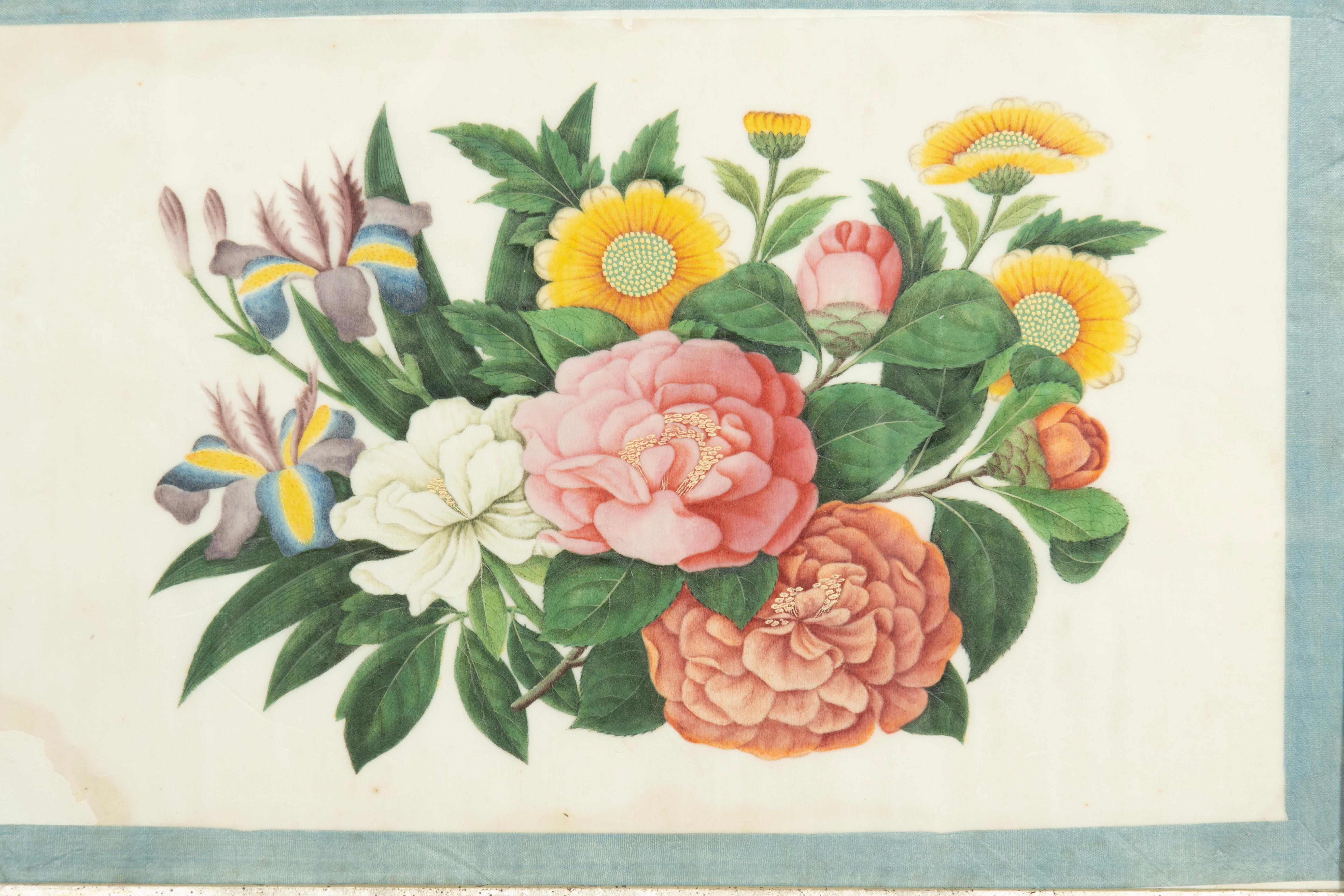 Set von sechs gerahmten chinesischen Export-Aquarellen mit Blumenmuster aus Kissenpapier im Angebot 2