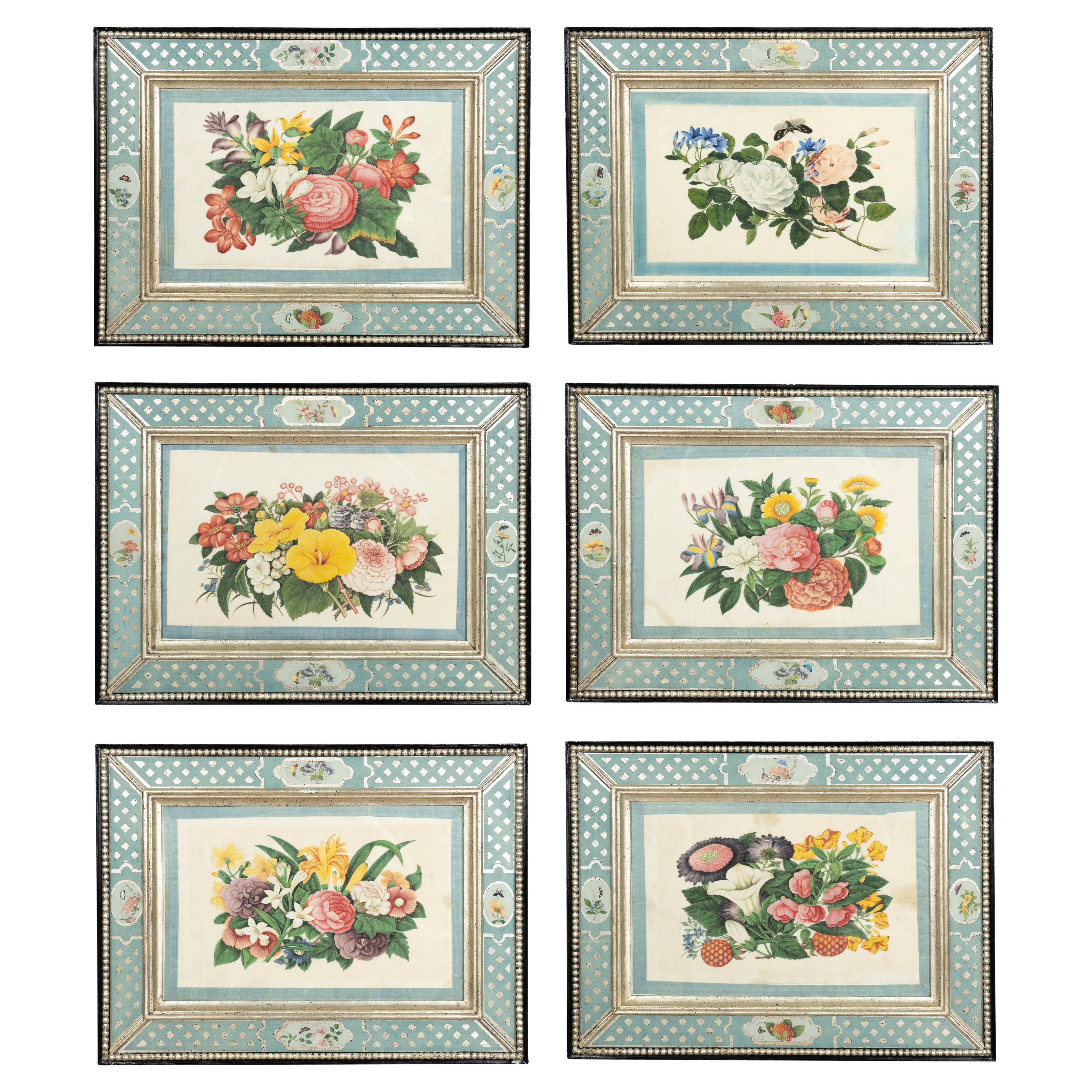 Set von sechs gerahmten chinesischen Export-Aquarellen mit Blumenmuster aus Kissenpapier
