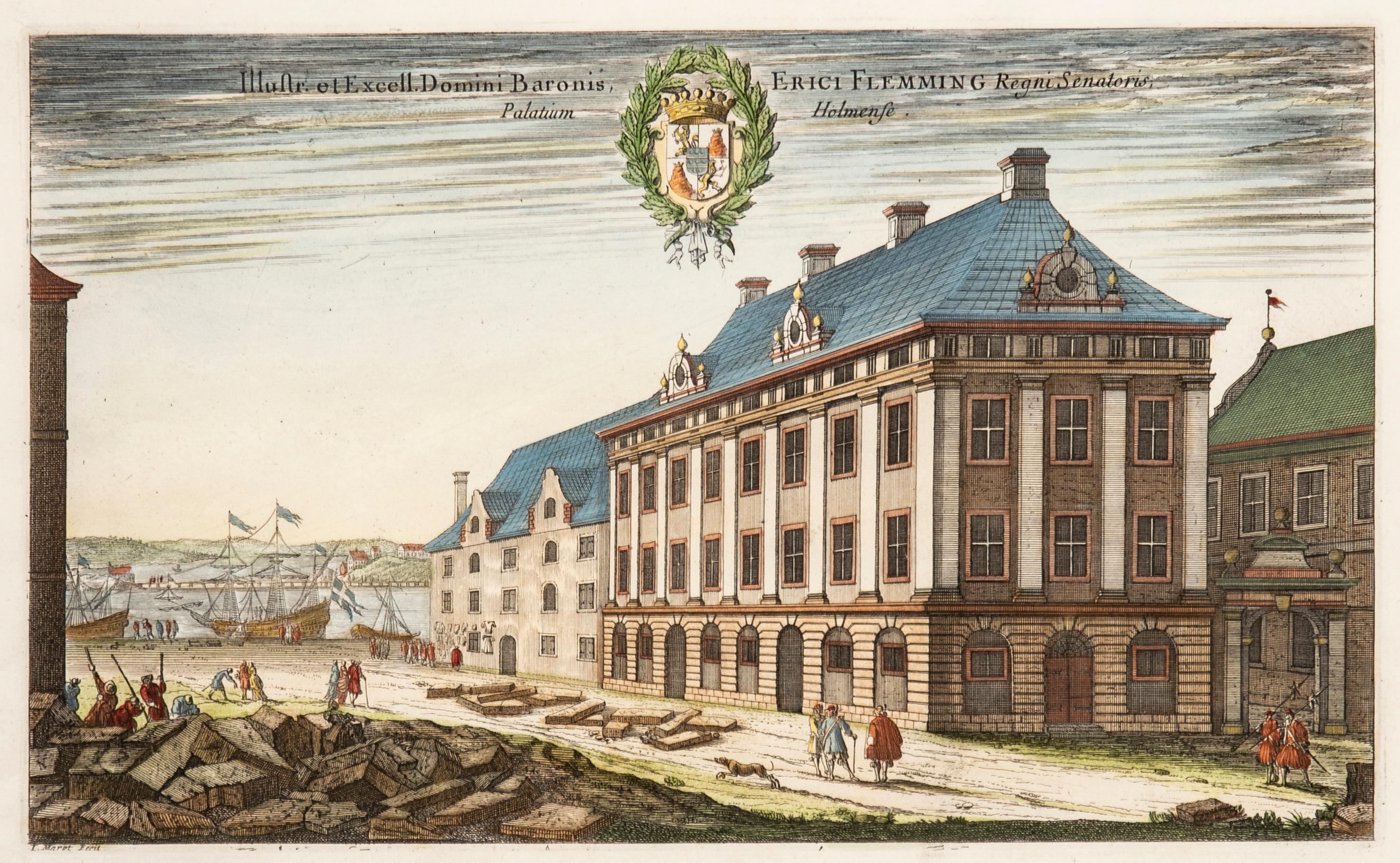 Set von sechs gerahmten, handkolorierten Gravuren schwedischer königlicher Residenzen im Angebot 2