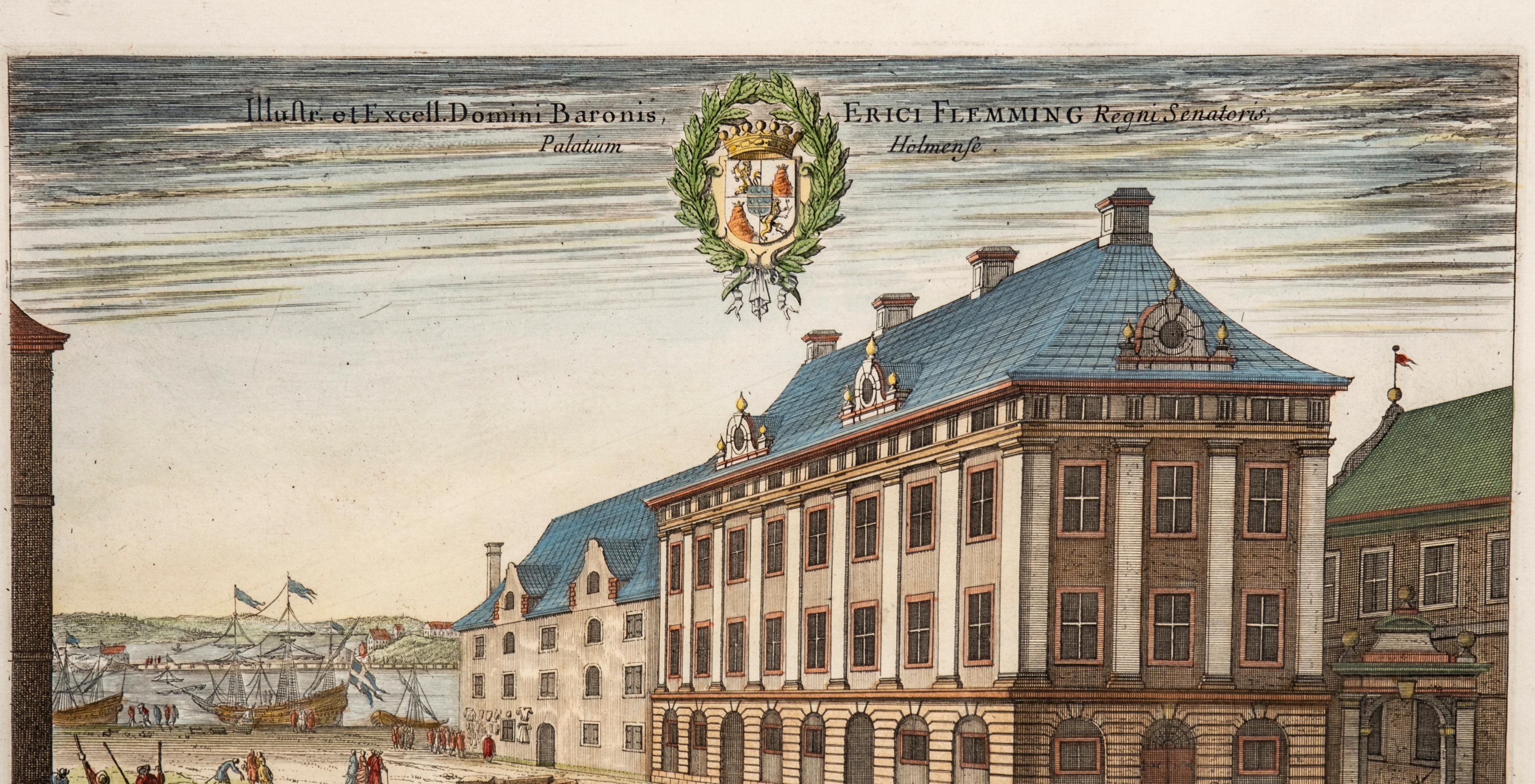 Set von sechs gerahmten, handkolorierten Gravuren schwedischer königlicher Residenzen im Angebot 7