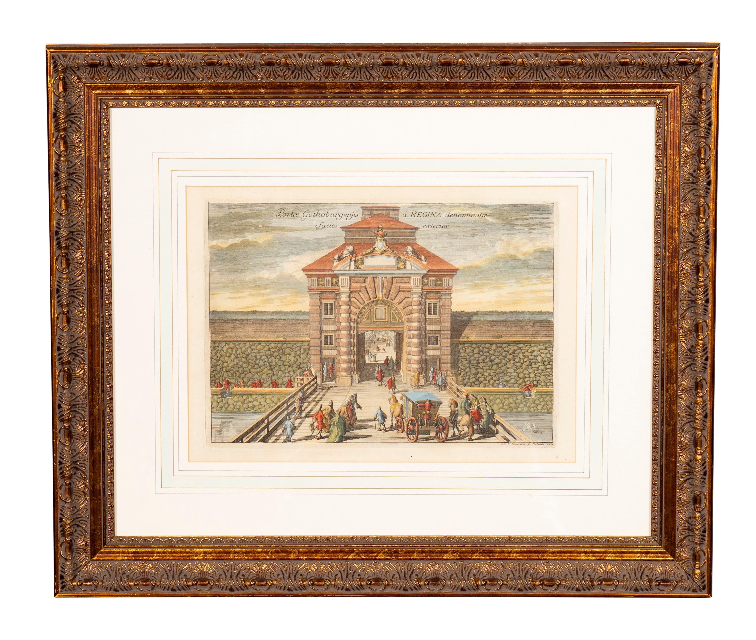 Baroque Set of Six Framed Hand Colored Engravings of Swedish Royal Residences For Sale