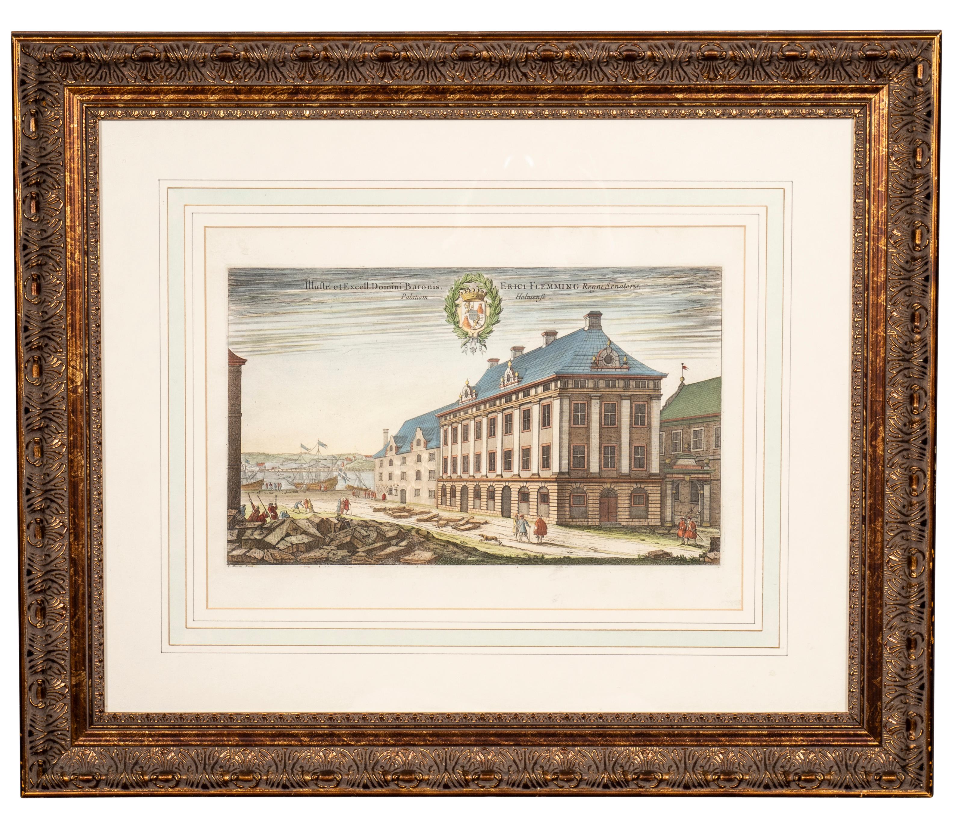 Dutch Set of Six Framed Hand Colored Engravings of Swedish Royal Residences For Sale