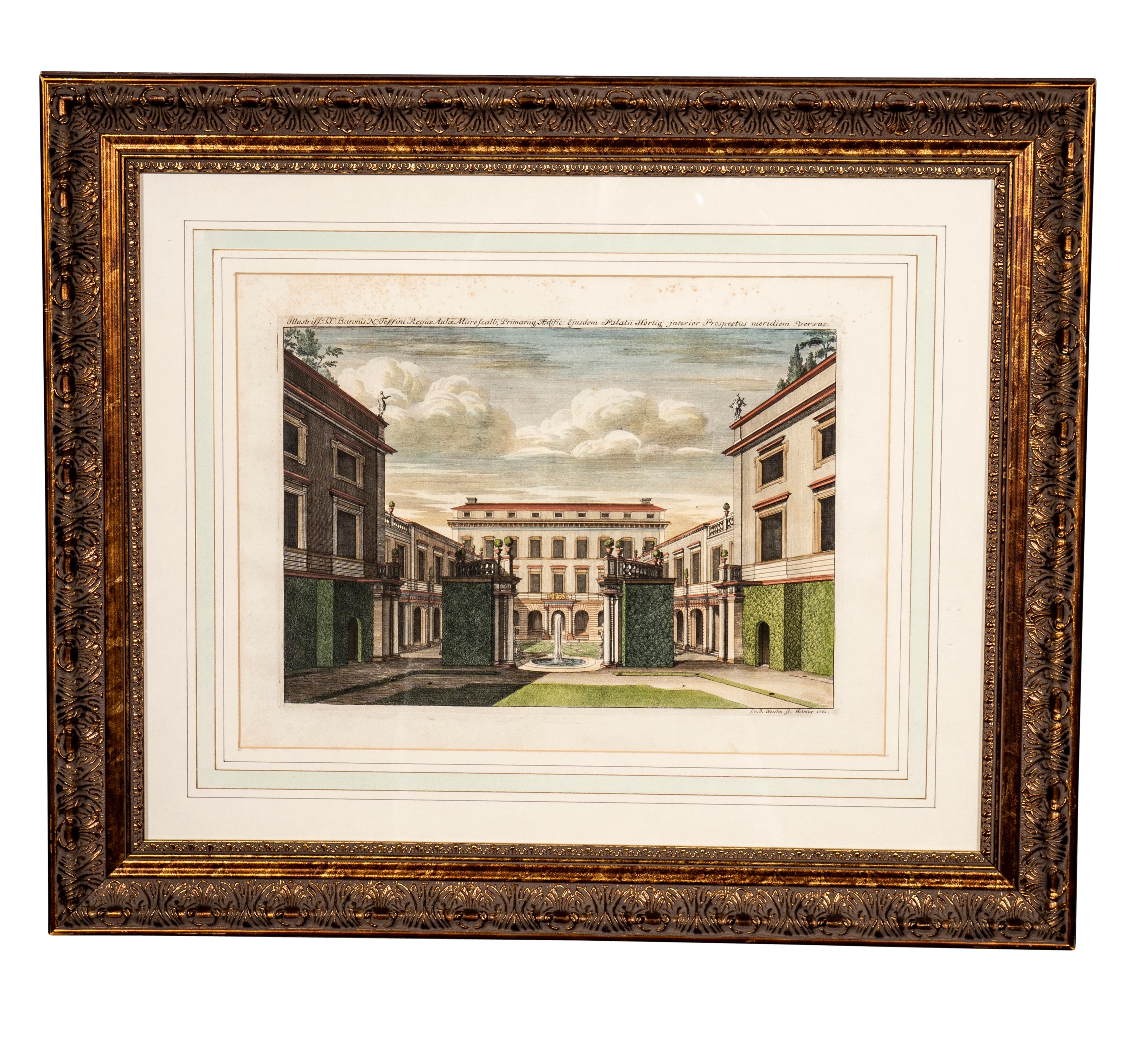 Hand-Painted Set of Six Framed Hand Colored Engravings of Swedish Royal Residences For Sale