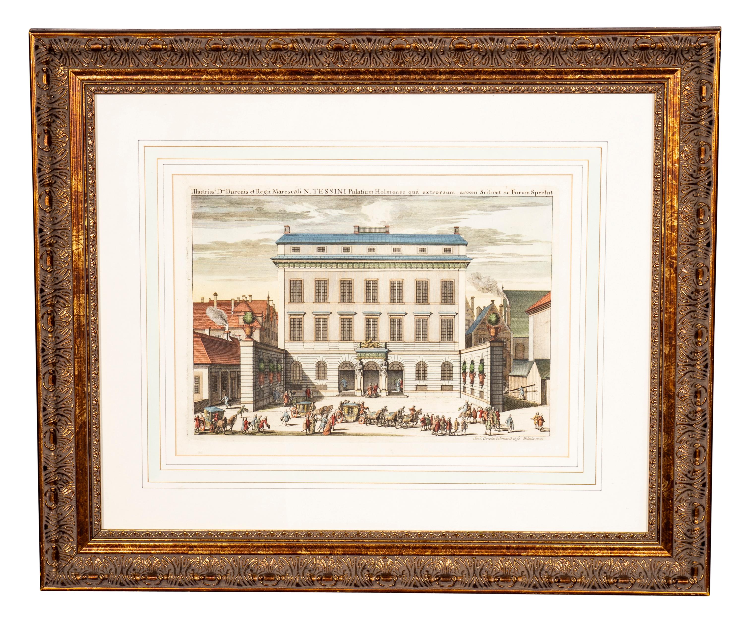 Set of Six Framed Hand Colored Engravings of Swedish Royal Residences In Good Condition For Sale In Essex, MA