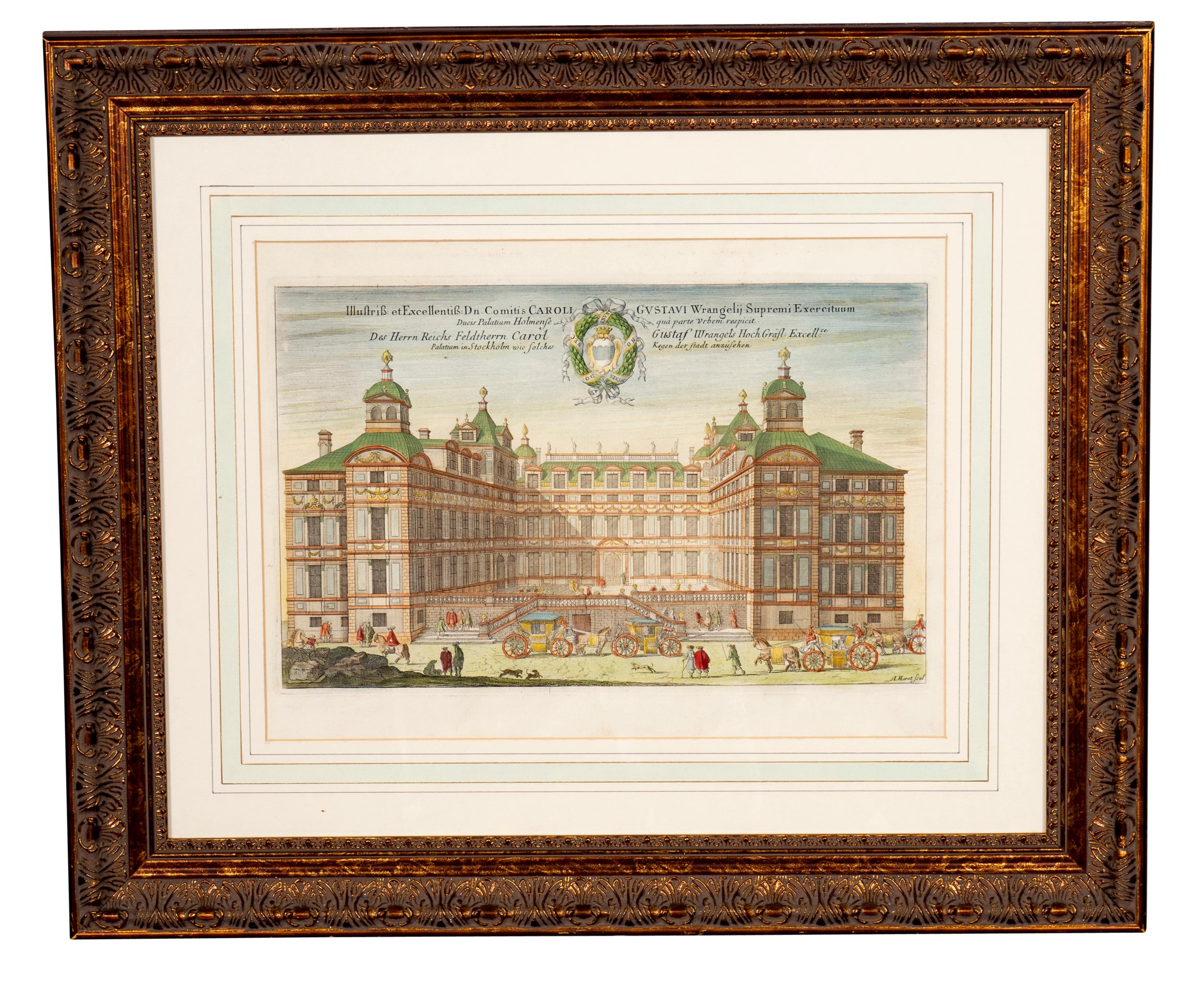 Set von sechs gerahmten, handkolorierten Gravuren schwedischer königlicher Residenzen (Frühes 18. Jahrhundert) im Angebot