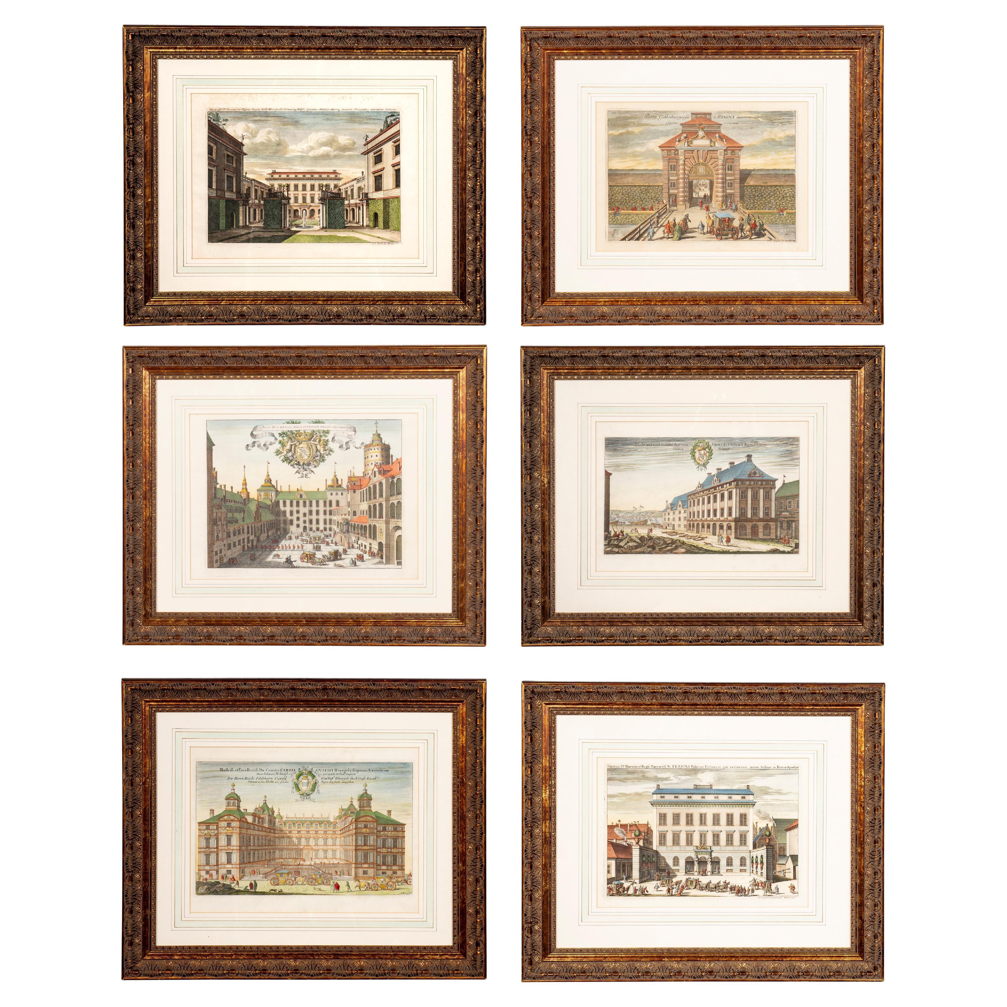 Set of Six Framed Hand Colored Engravings of Swedish Royal Residences For Sale
