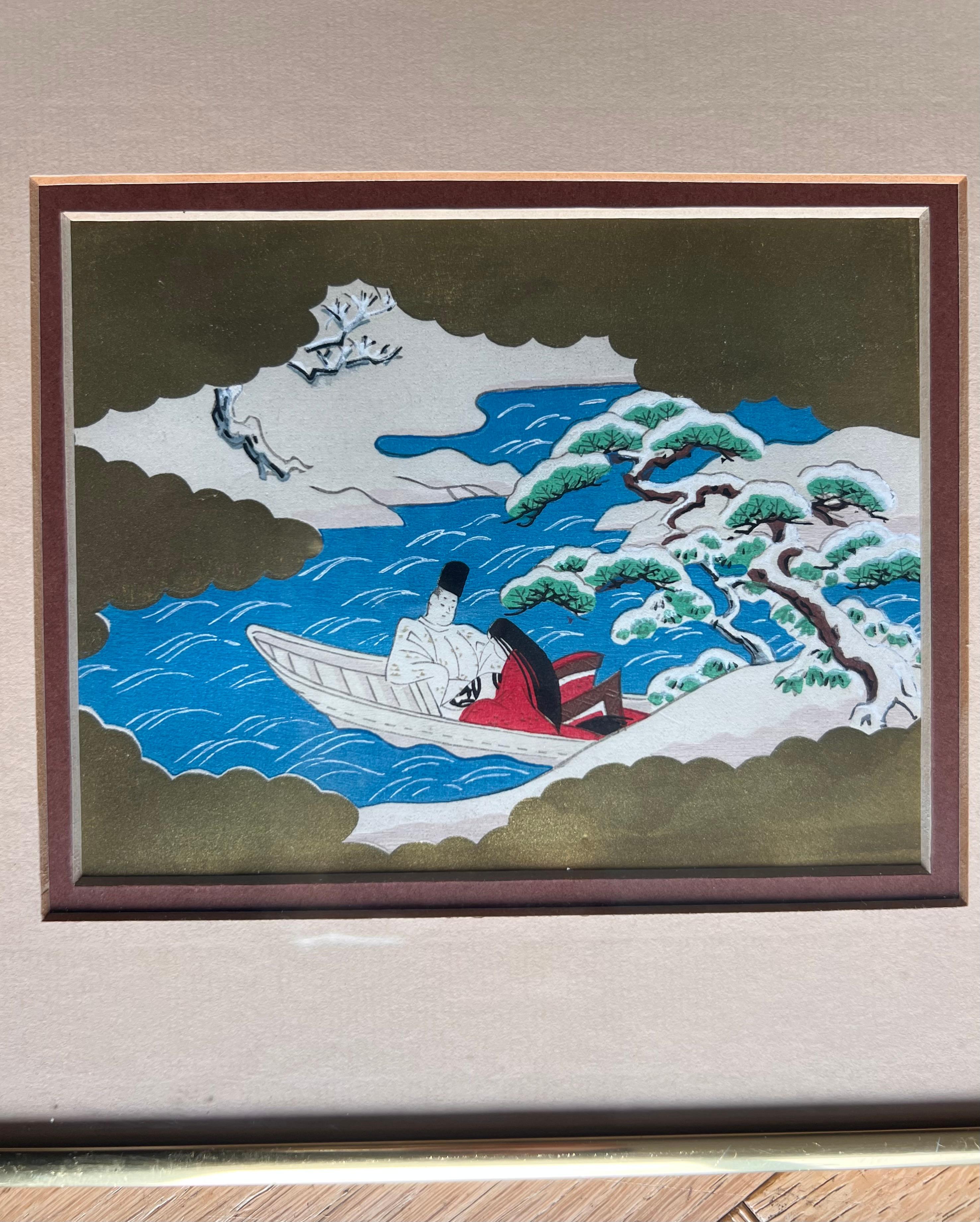 Set of six framed Japanese Genji story woodblock prints, early 20th century  For Sale 6