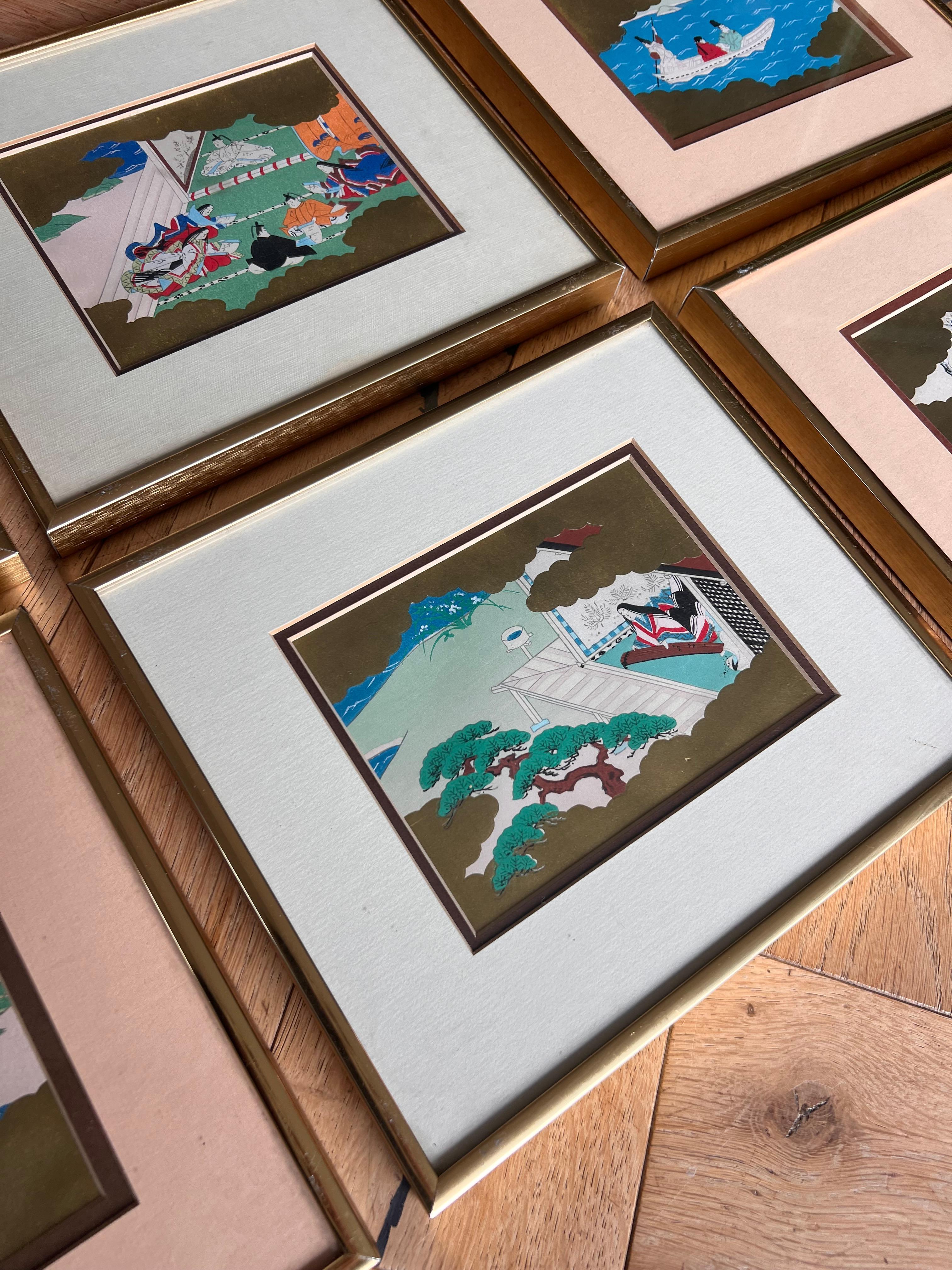 Set of six framed Japanese Genji story woodblock prints, early 20th century  For Sale 7