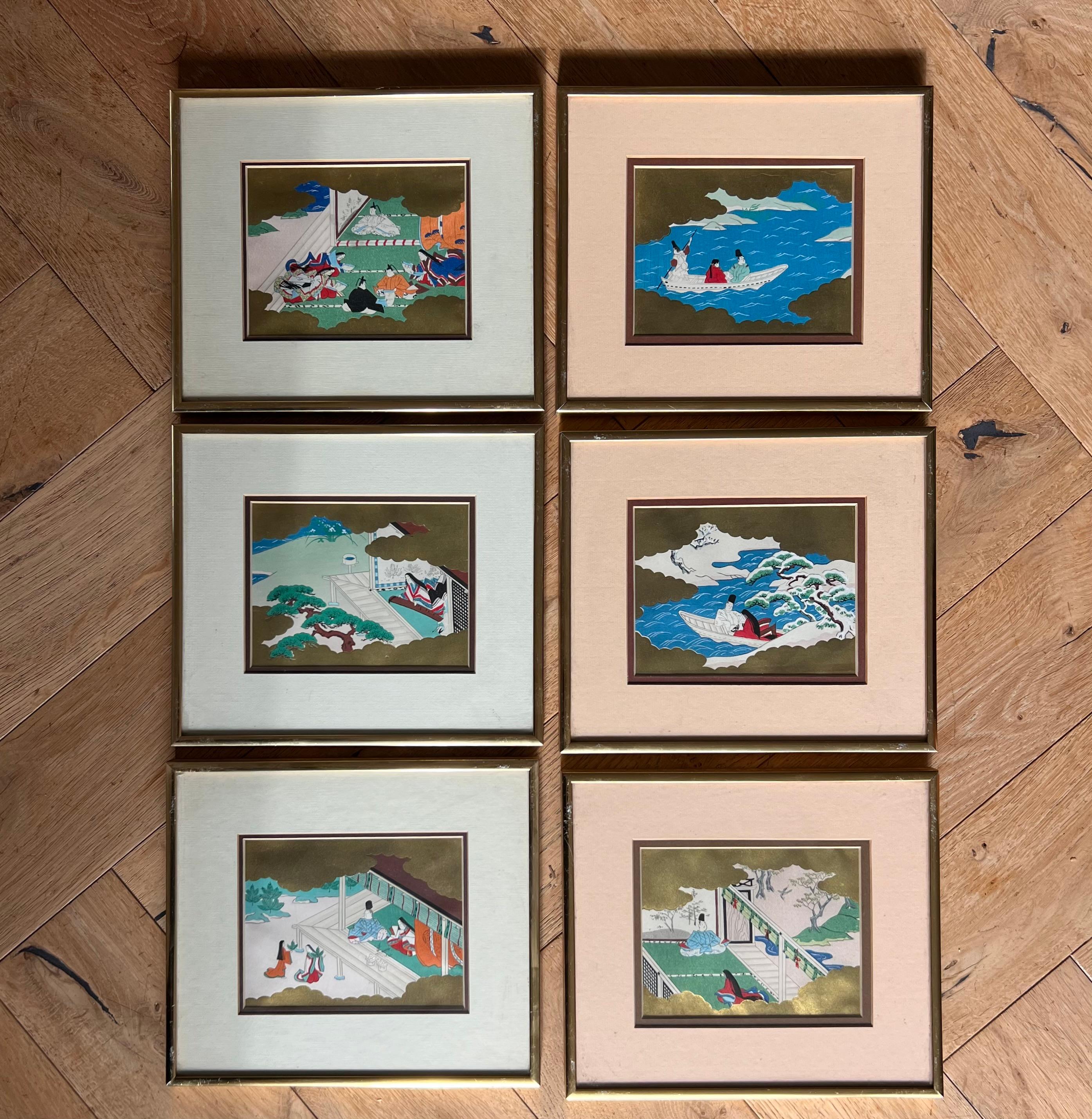 Set of six framed Japanese Genji story woodblock prints, early 20th century  For Sale 13