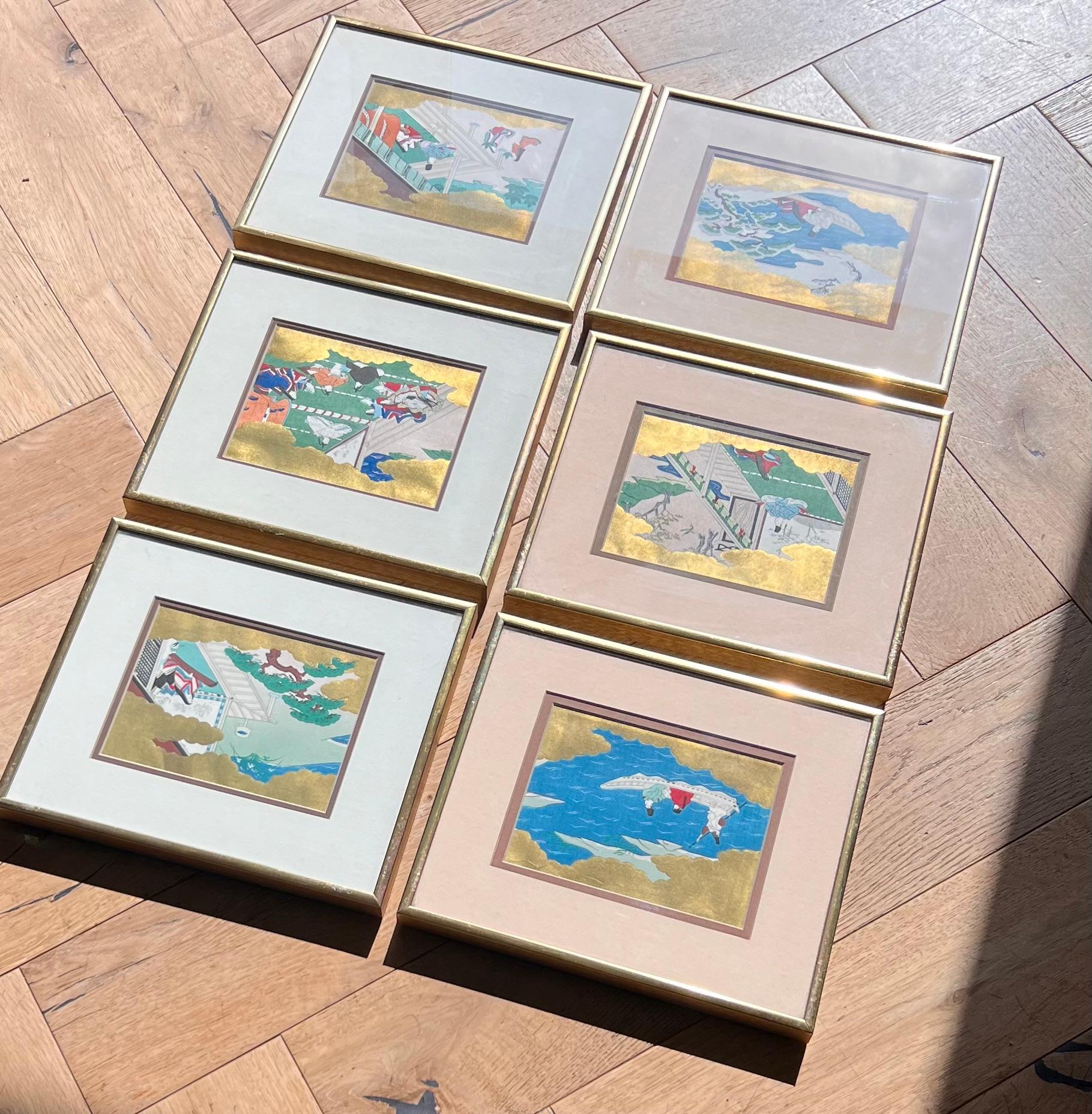A set of six Japanese Genji story uchida woodblock prints, Kyoto early 20th century. Framed - probably late 20th century - in gold-tinted metal, matted in chocolate, ivory, and wheat, and behind glass. 
Uchida Bijutsu Shoshi 内田美術書肆, an art specialty
