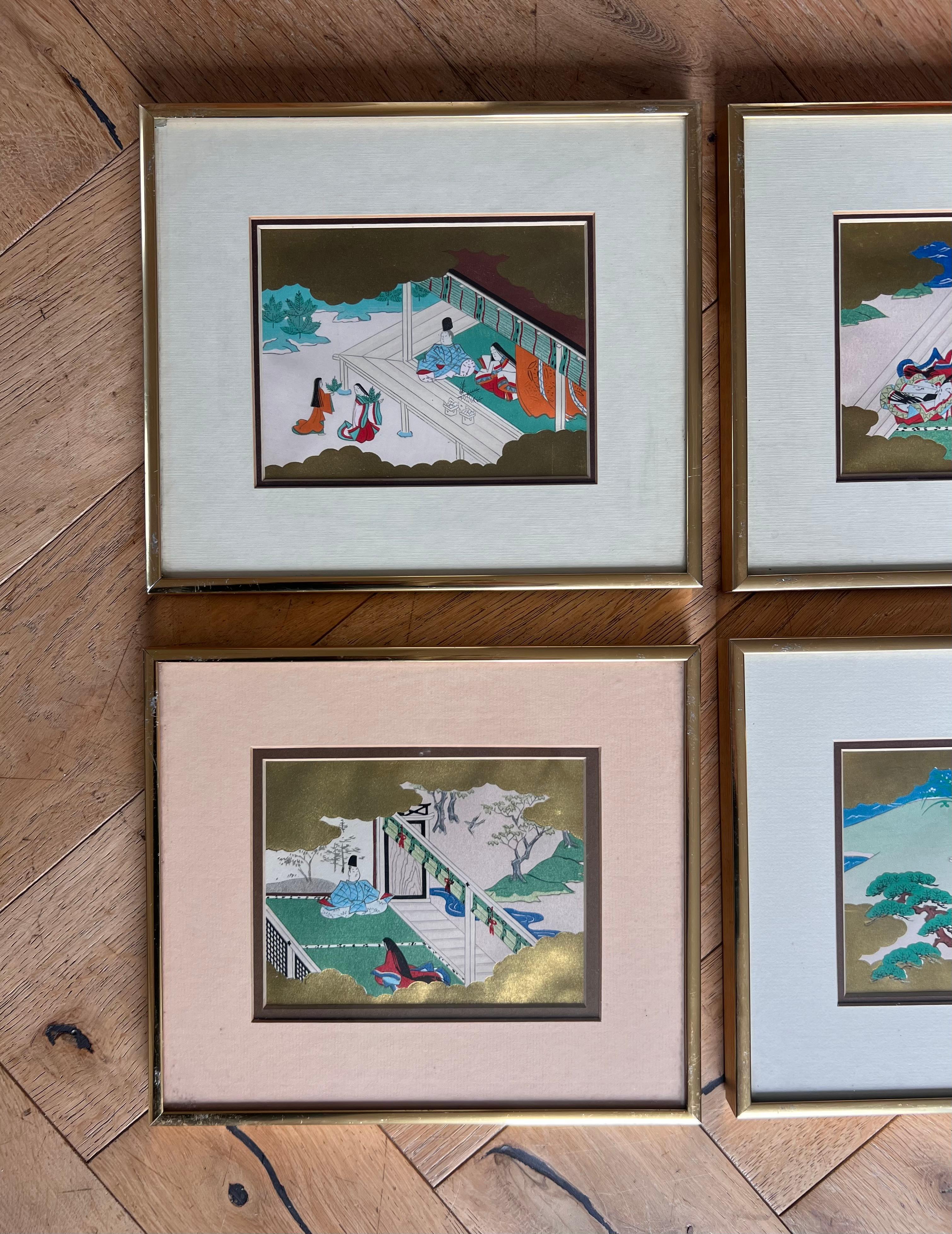Japonisme Set of six framed Japanese Genji story woodblock prints, early 20th century  For Sale