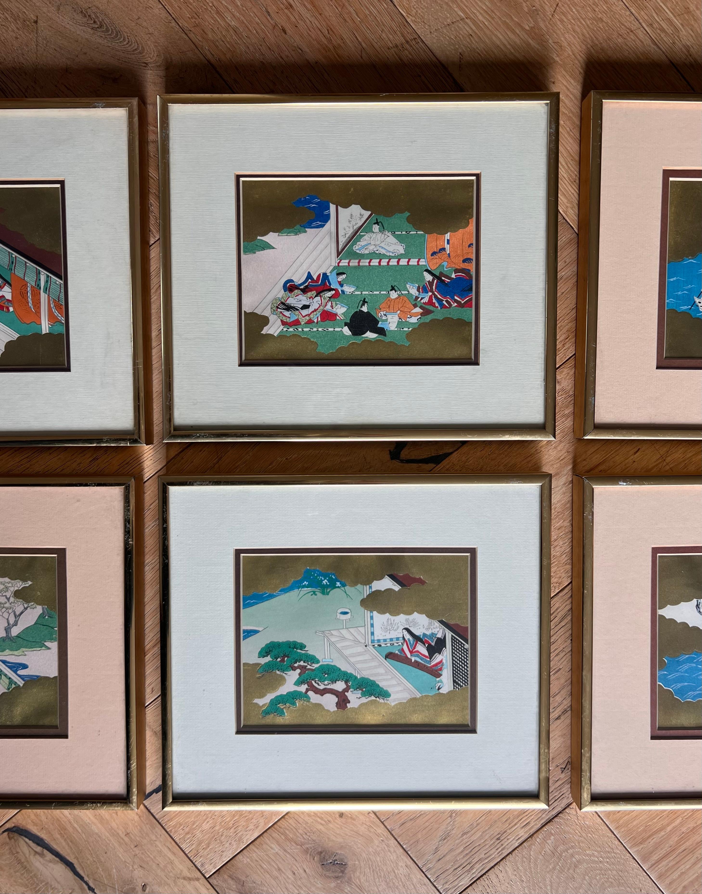Set of six framed Japanese Genji story woodblock prints, early 20th century  In Good Condition For Sale In View Park, CA