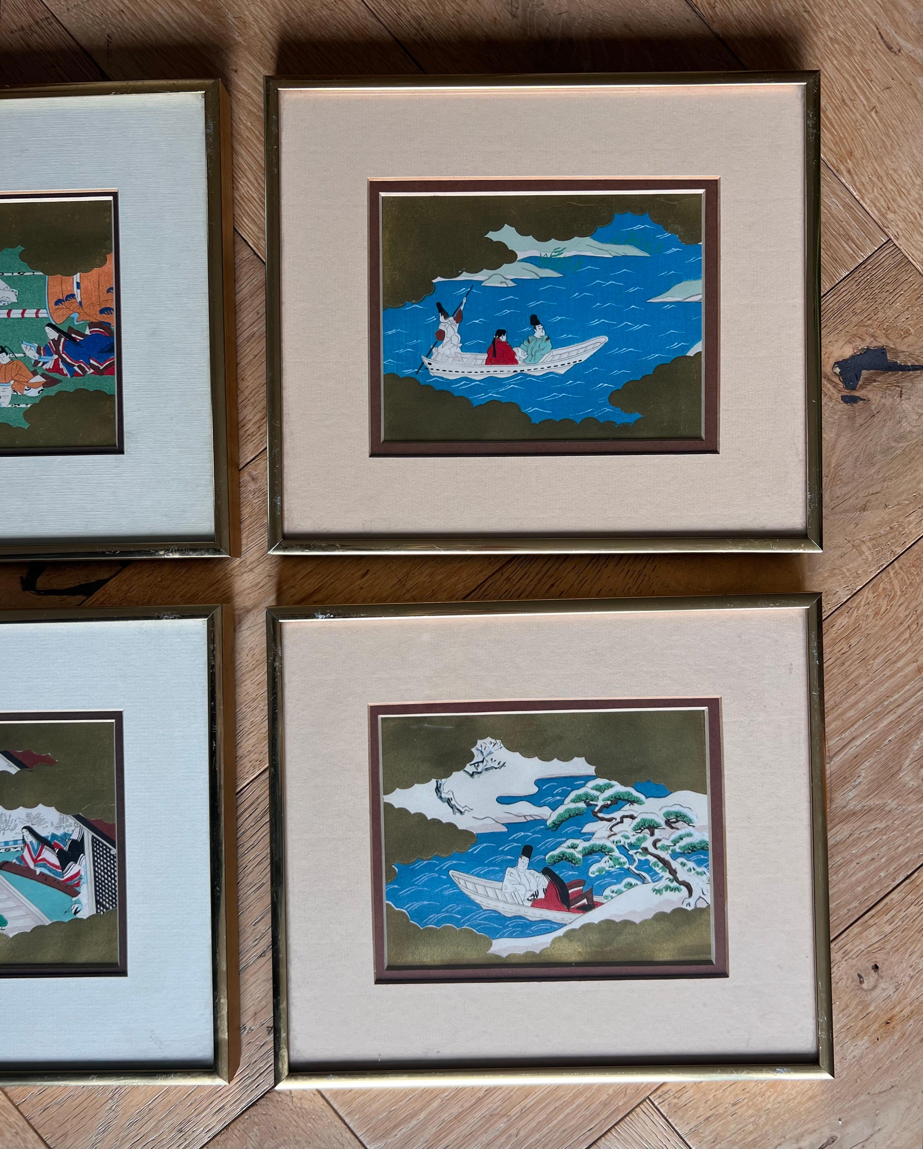 20th Century Set of six framed Japanese Genji story woodblock prints, early 20th century  For Sale
