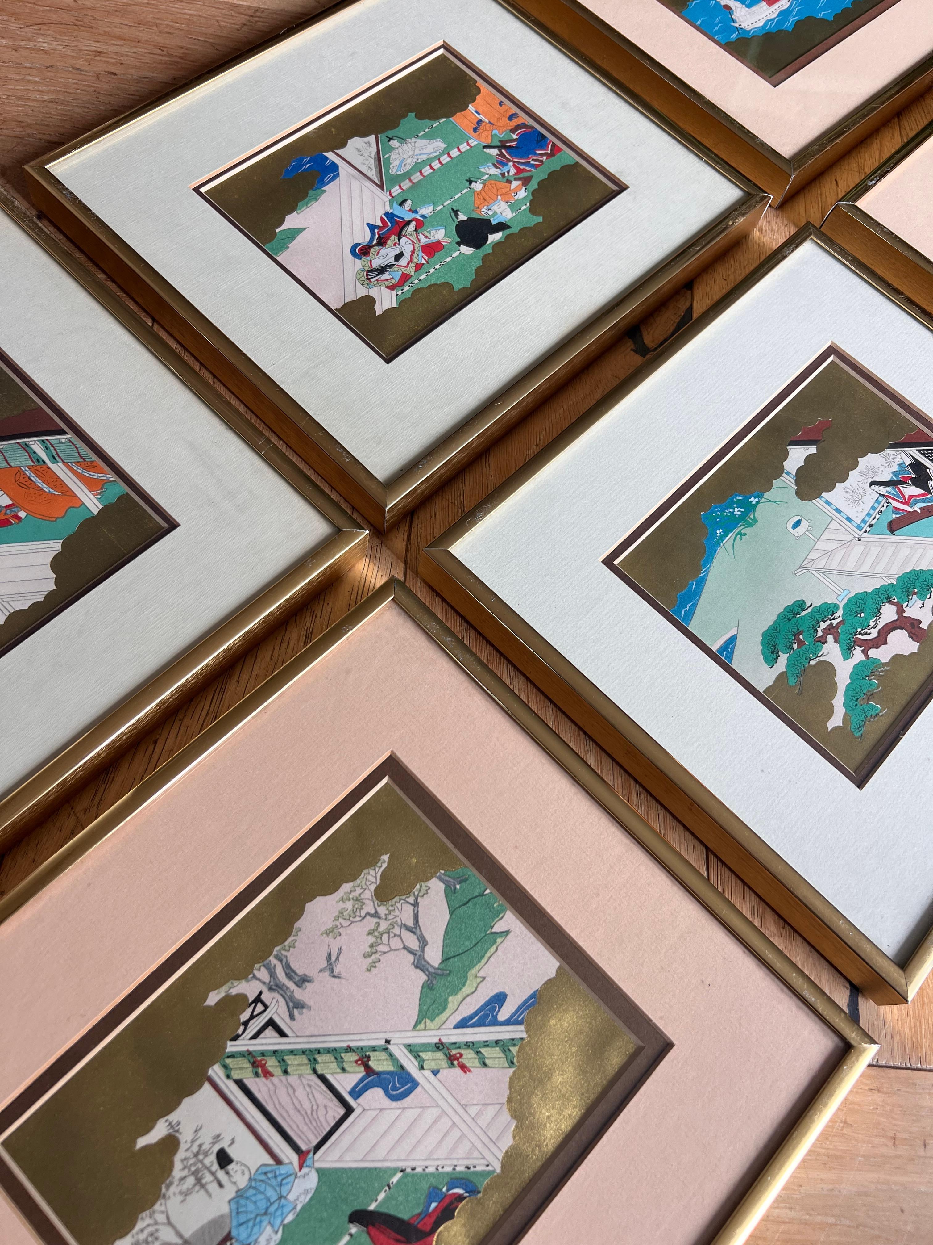 Paper Set of six framed Japanese Genji story woodblock prints, early 20th century  For Sale